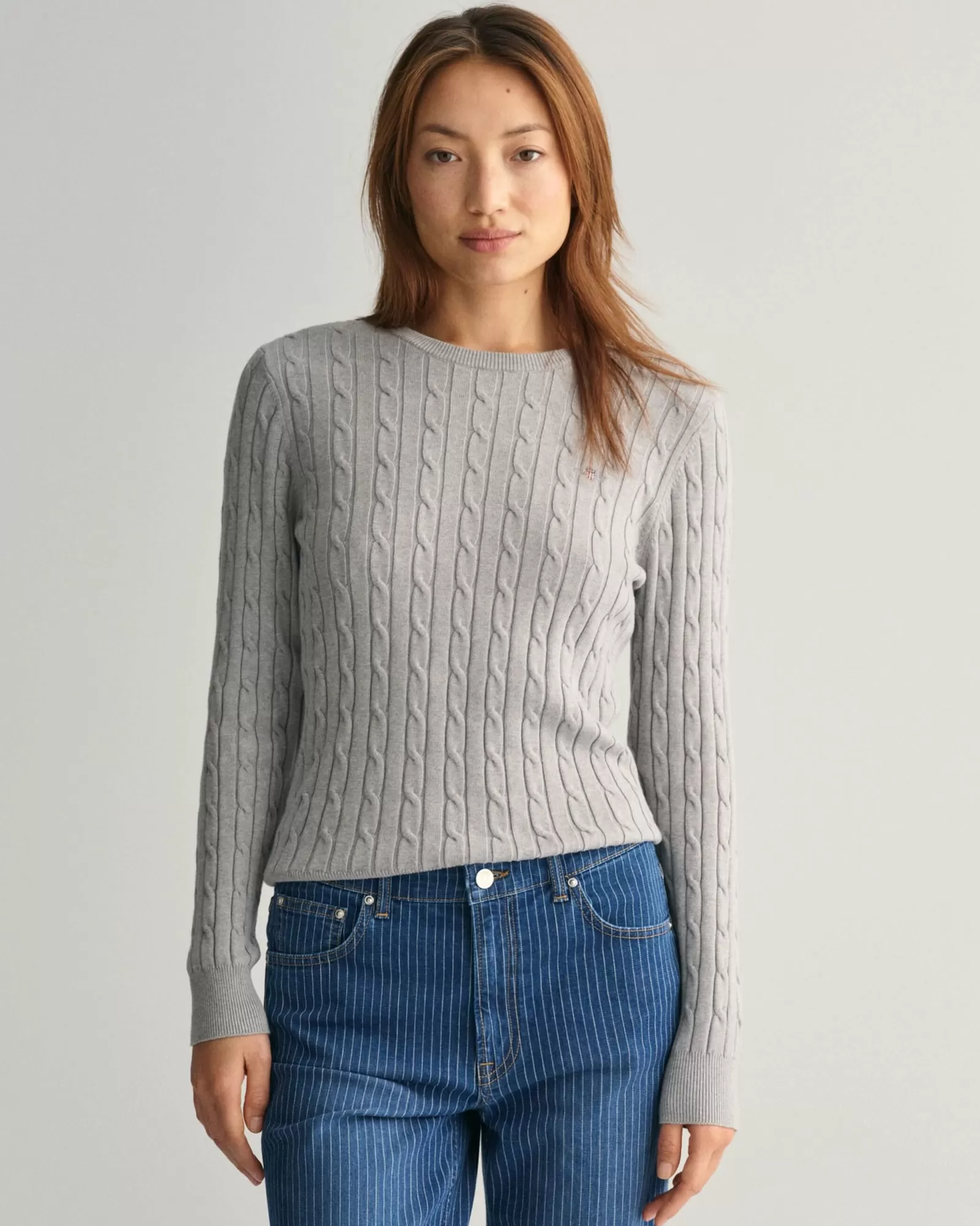 Women GANT Knitwear*Stretch Cotton Cable Knit Crew Neck Sweater MID GREY