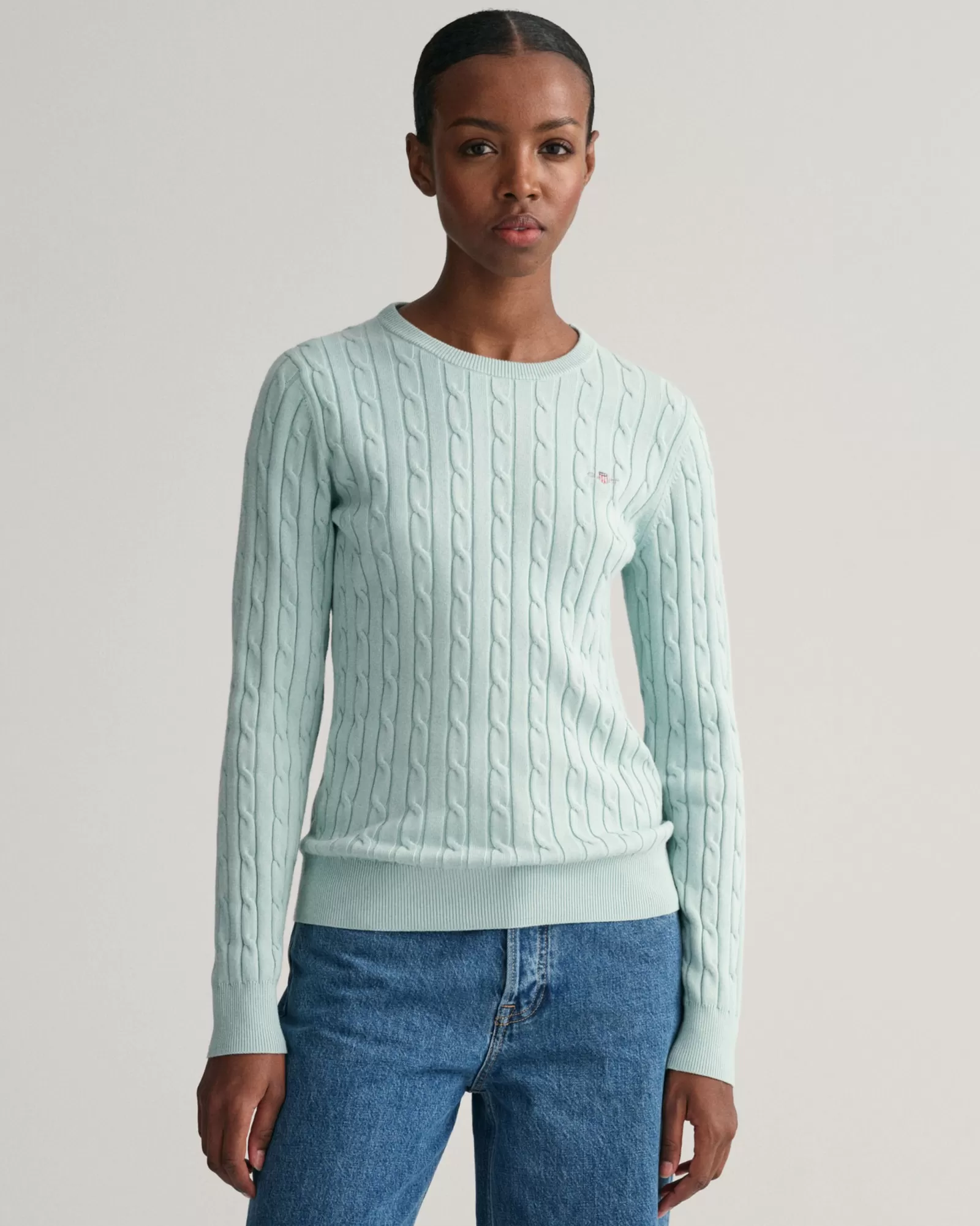 Women GANT Knitwear*Stretch Cotton Cable Knit Crew Neck Sweater DUSTY TURQUOISE