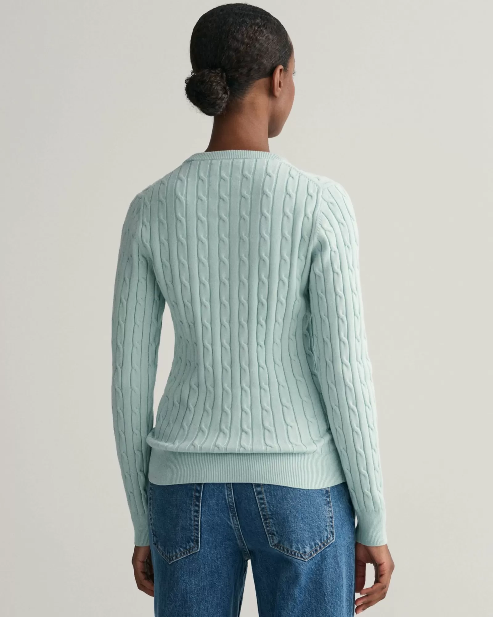 Women GANT Knitwear*Stretch Cotton Cable Knit Crew Neck Sweater DUSTY TURQUOISE