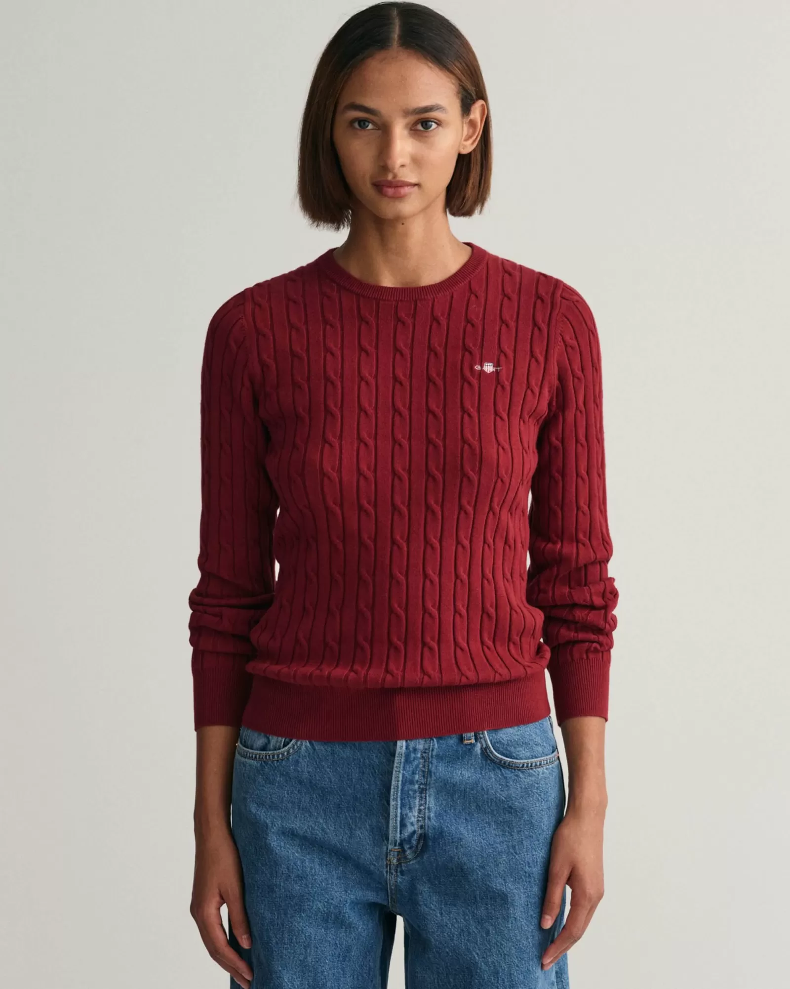 Women GANT Knitwear*Stretch Cotton Cable Knit Crew Neck Sweater PLUMPED RED