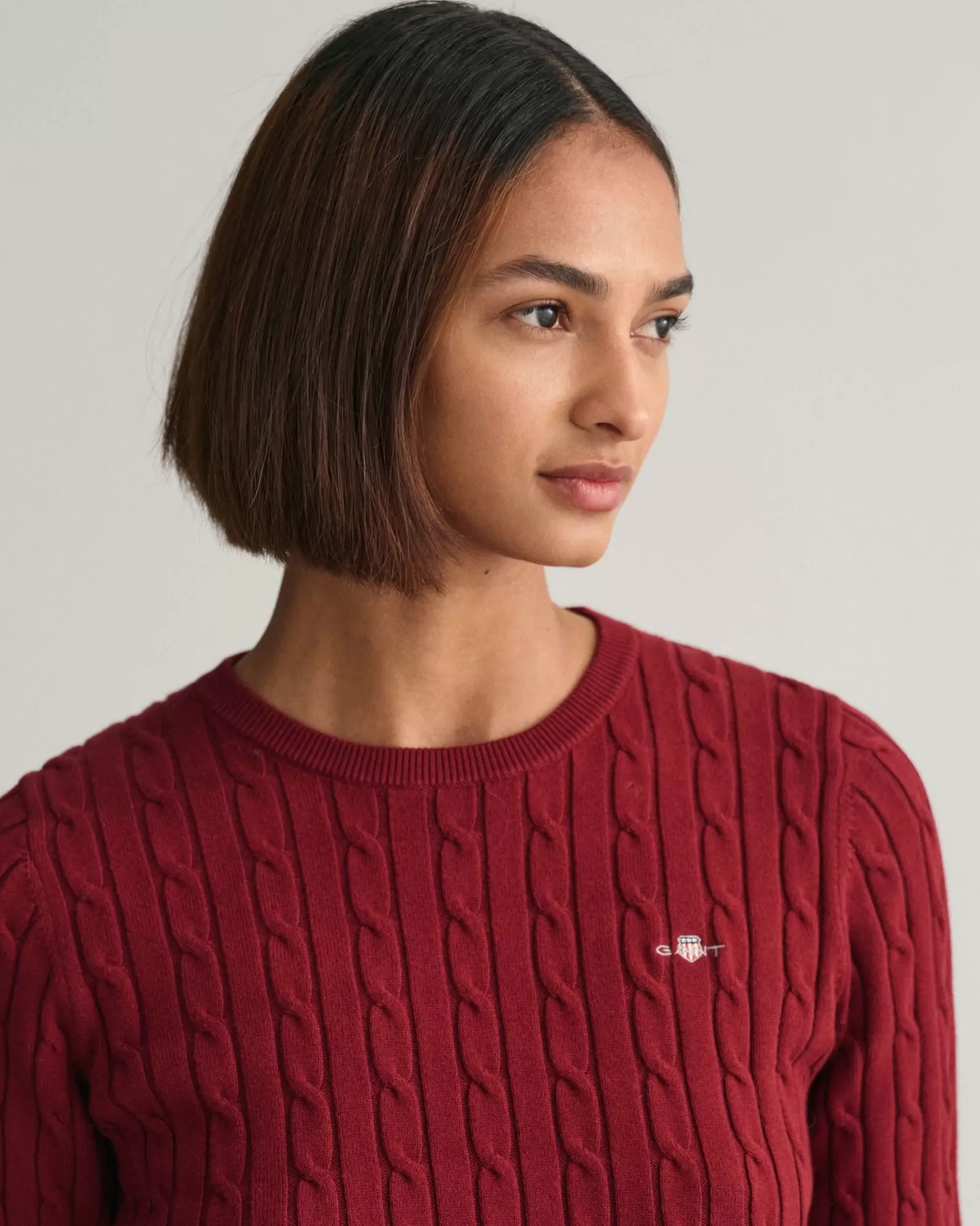 Women GANT Knitwear*Stretch Cotton Cable Knit Crew Neck Sweater PLUMPED RED