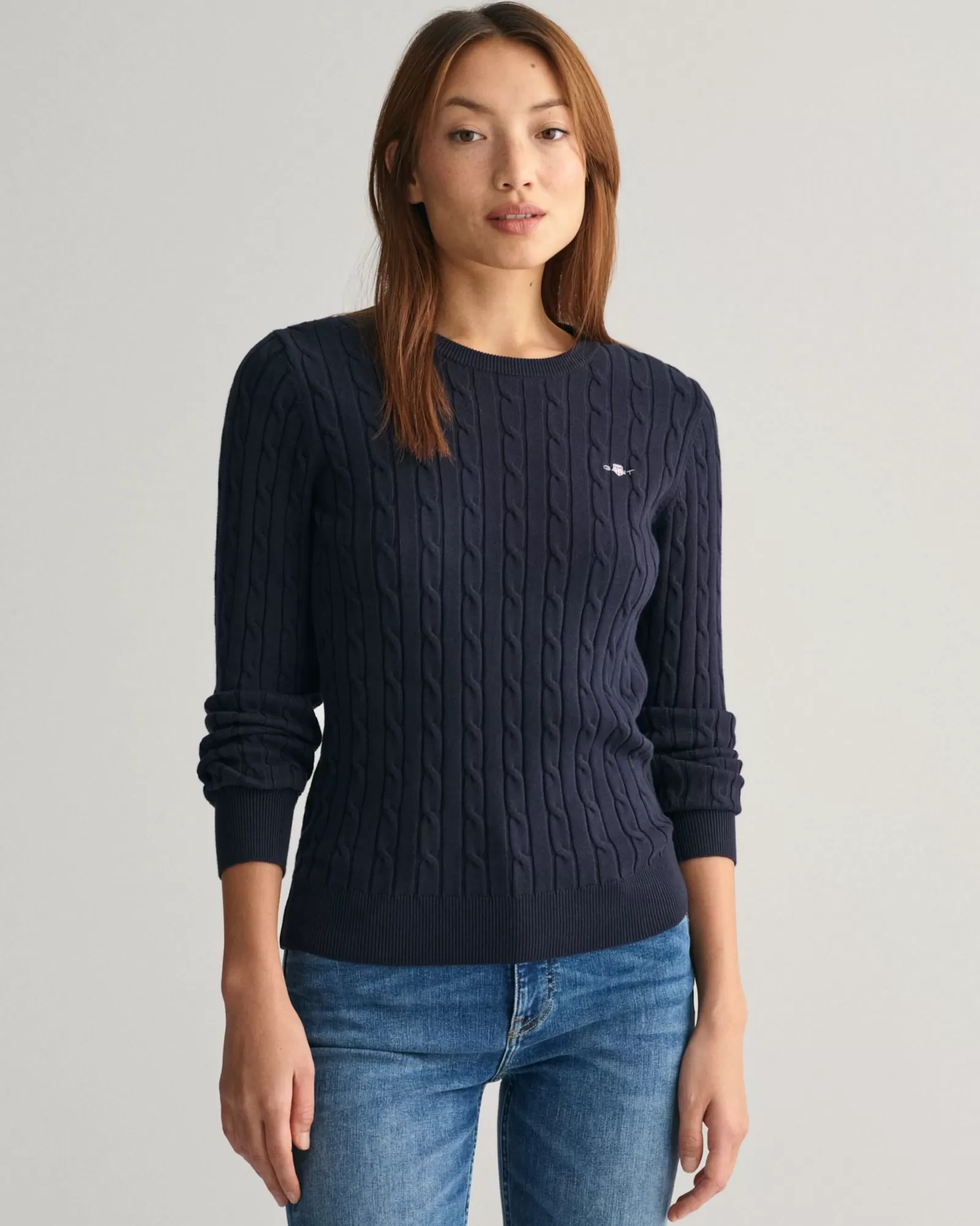 Women GANT Knitwear*Stretch Cotton Cable Knit Crew Neck Sweater EVENING BLUE