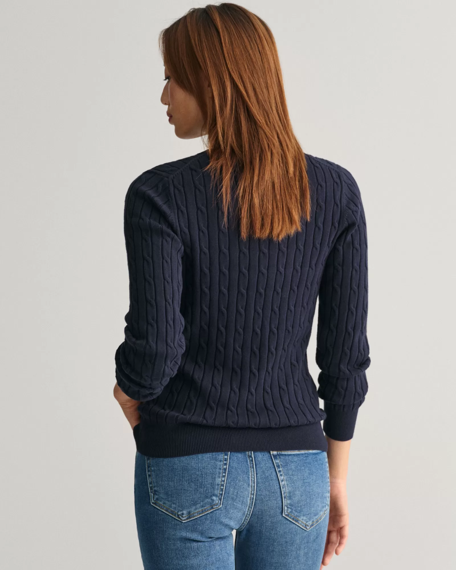 Women GANT Knitwear*Stretch Cotton Cable Knit Crew Neck Sweater EVENING BLUE