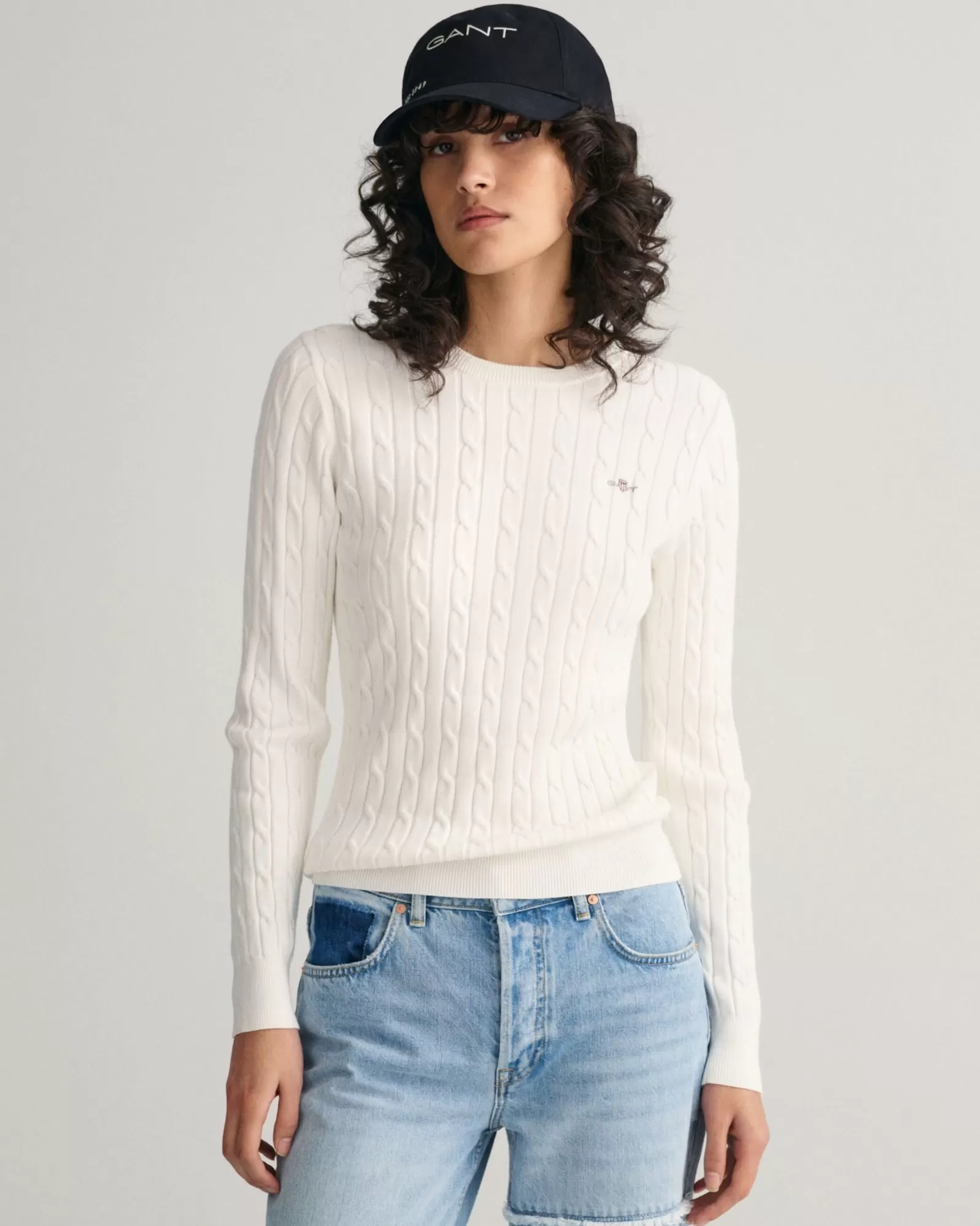 Women GANT Knitwear*Stretch Cotton Cable Knit Crew Neck Sweater EGGSHELL