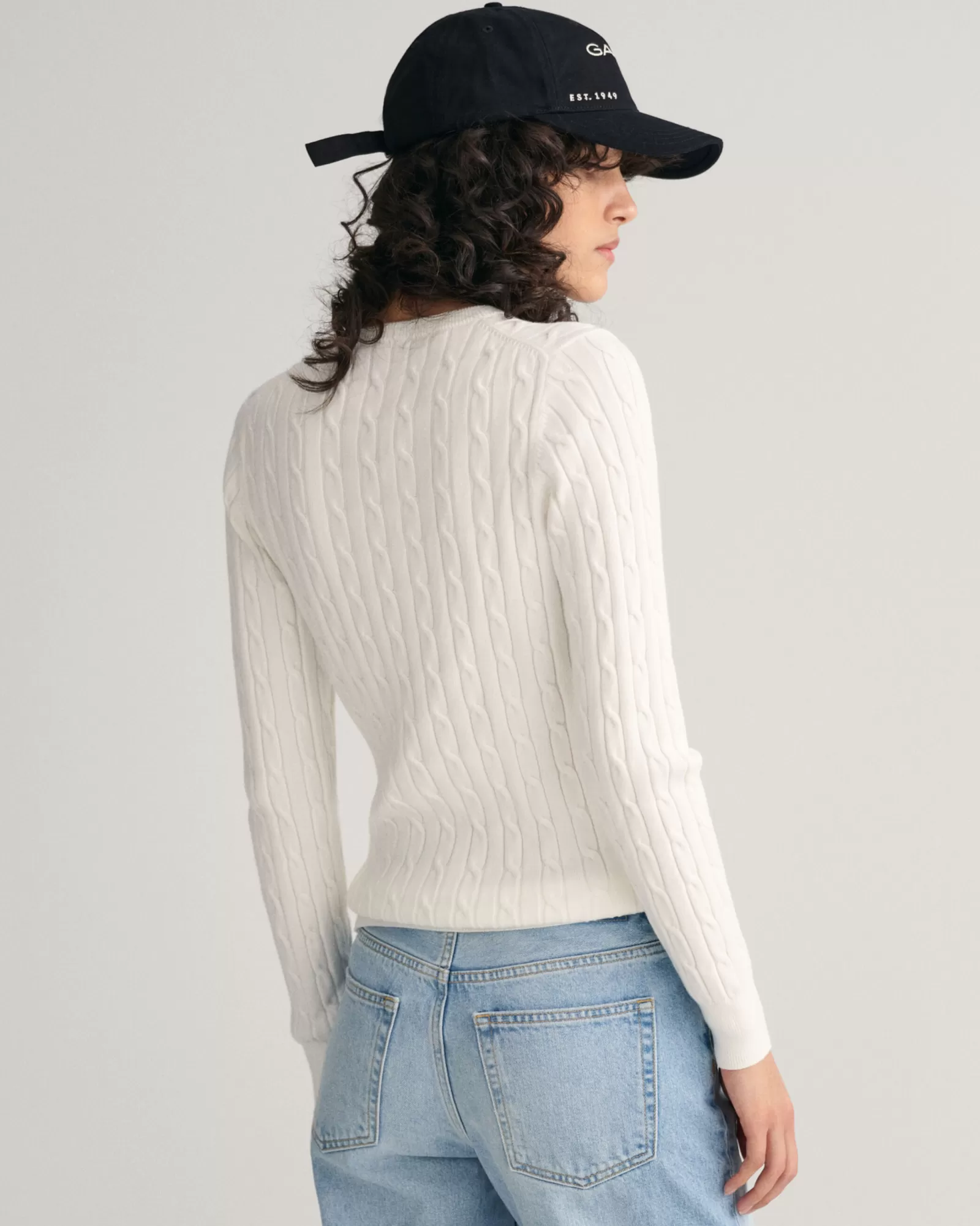 Women GANT Knitwear*Stretch Cotton Cable Knit Crew Neck Sweater EGGSHELL