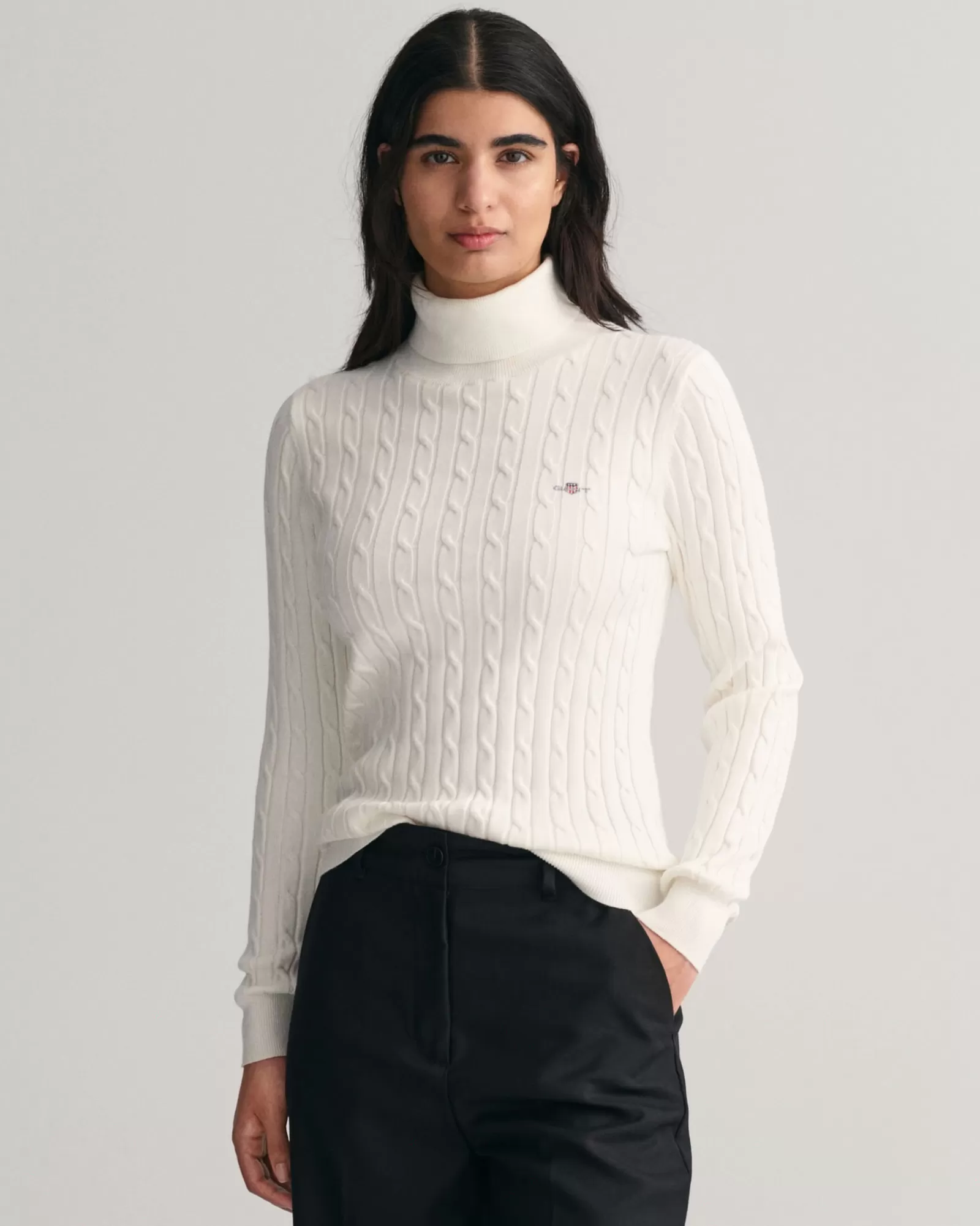 Women GANT Knitwear*Stretch Cotton Cable Knit Turtleneck Sweater EGGSHELL