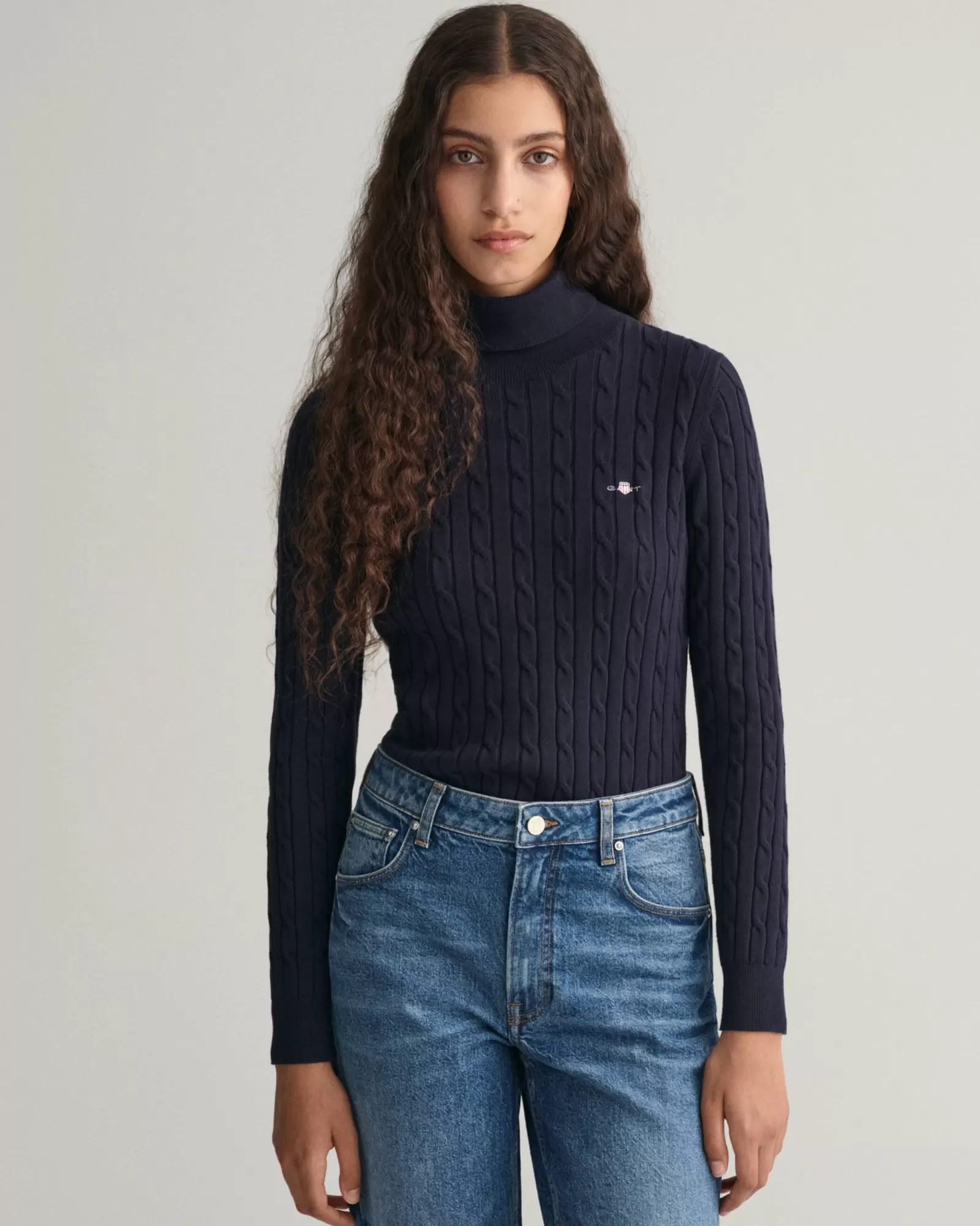 Women GANT Knitwear*Stretch Cotton Cable Knit Turtleneck Sweater EVENING BLUE