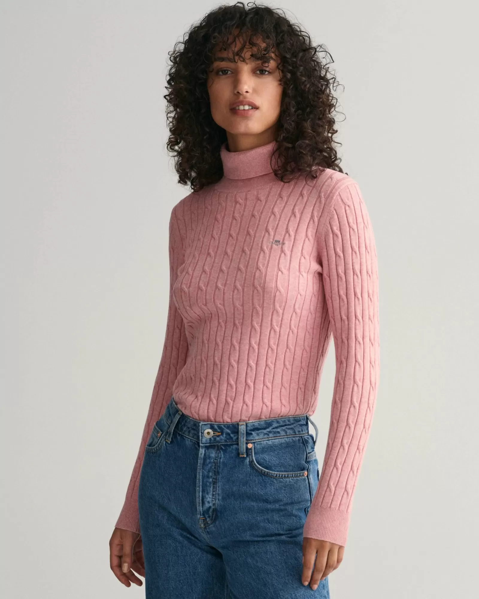 Women GANT Knitwear*Stretch Cotton Cable Knit Turtleneck Sweater PINK BLUSH