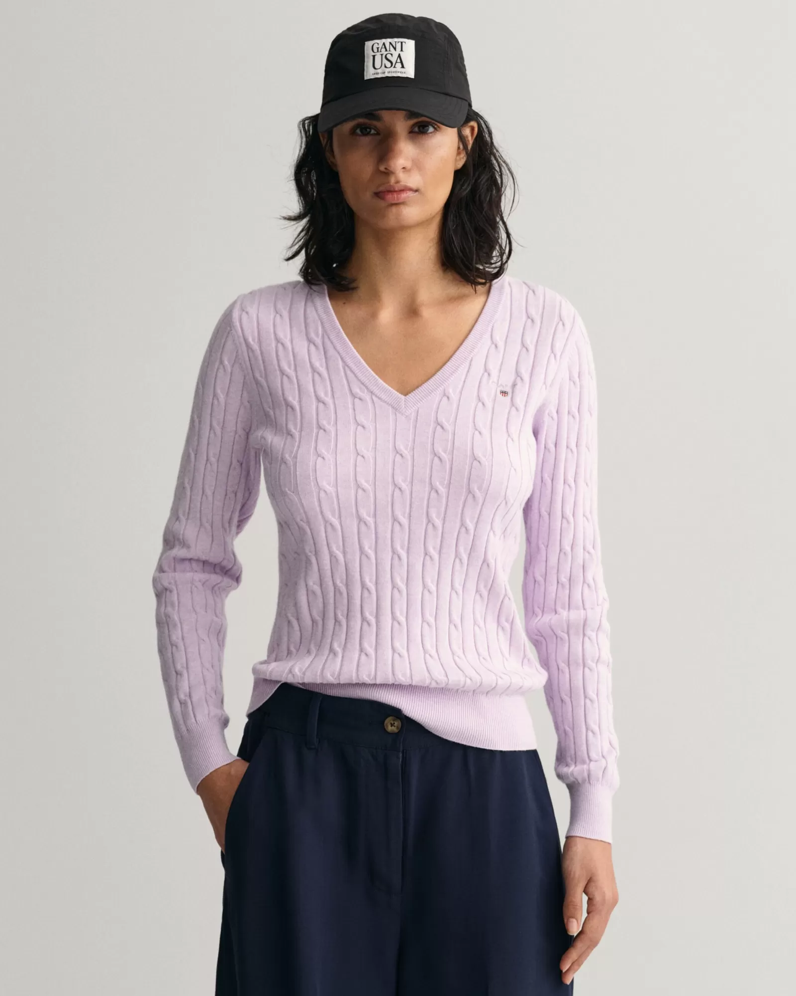 Women GANT Knitwear*Stretch Cotton Cable Knit V-Neck Sweater SOOTHING LILAC