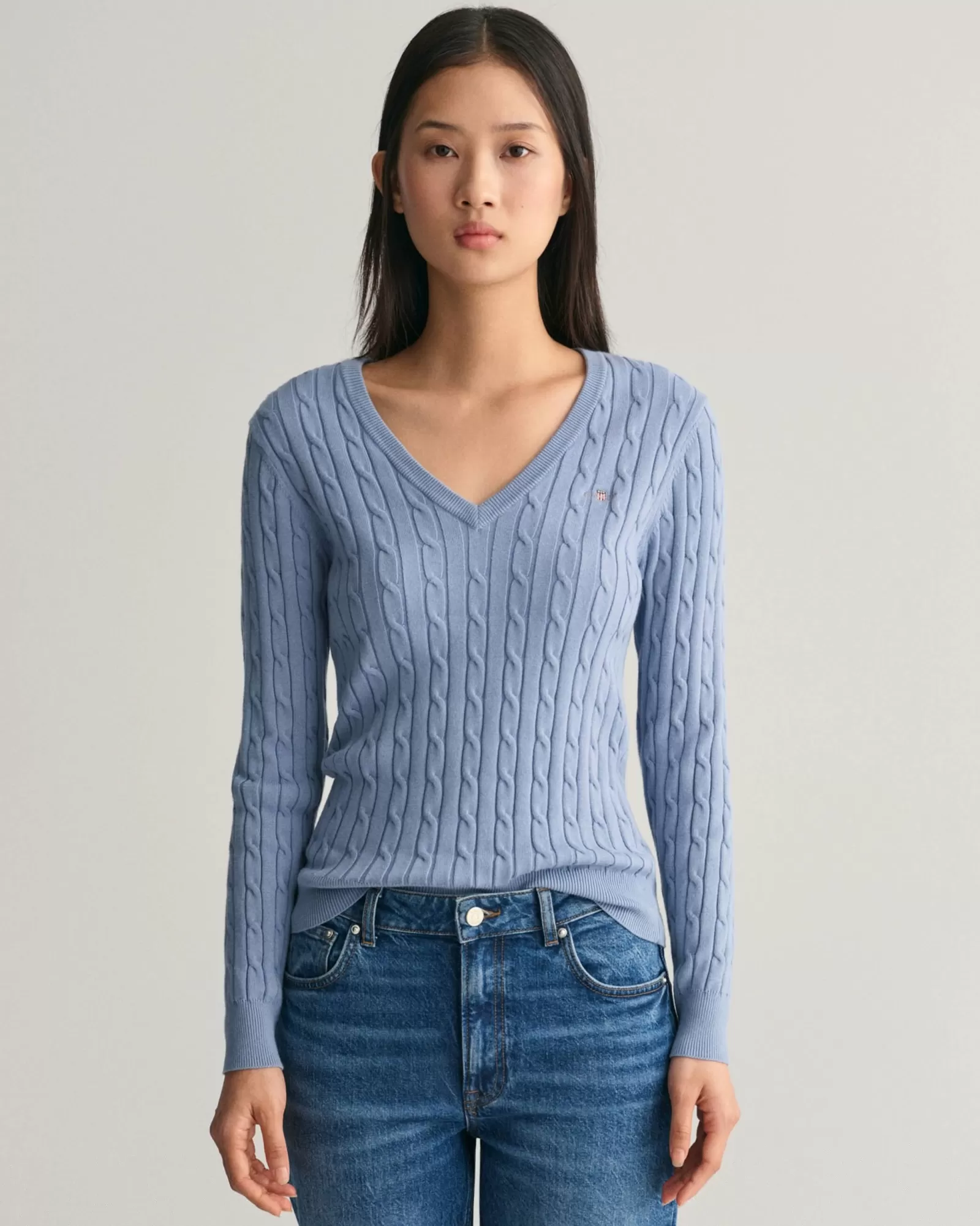 Women GANT Knitwear*Stretch Cotton Cable Knit V-Neck Sweater CRYSTAL BLUE