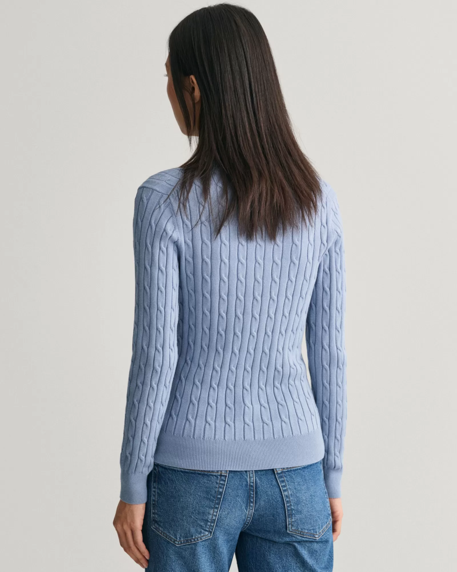 Women GANT Knitwear*Stretch Cotton Cable Knit V-Neck Sweater CRYSTAL BLUE