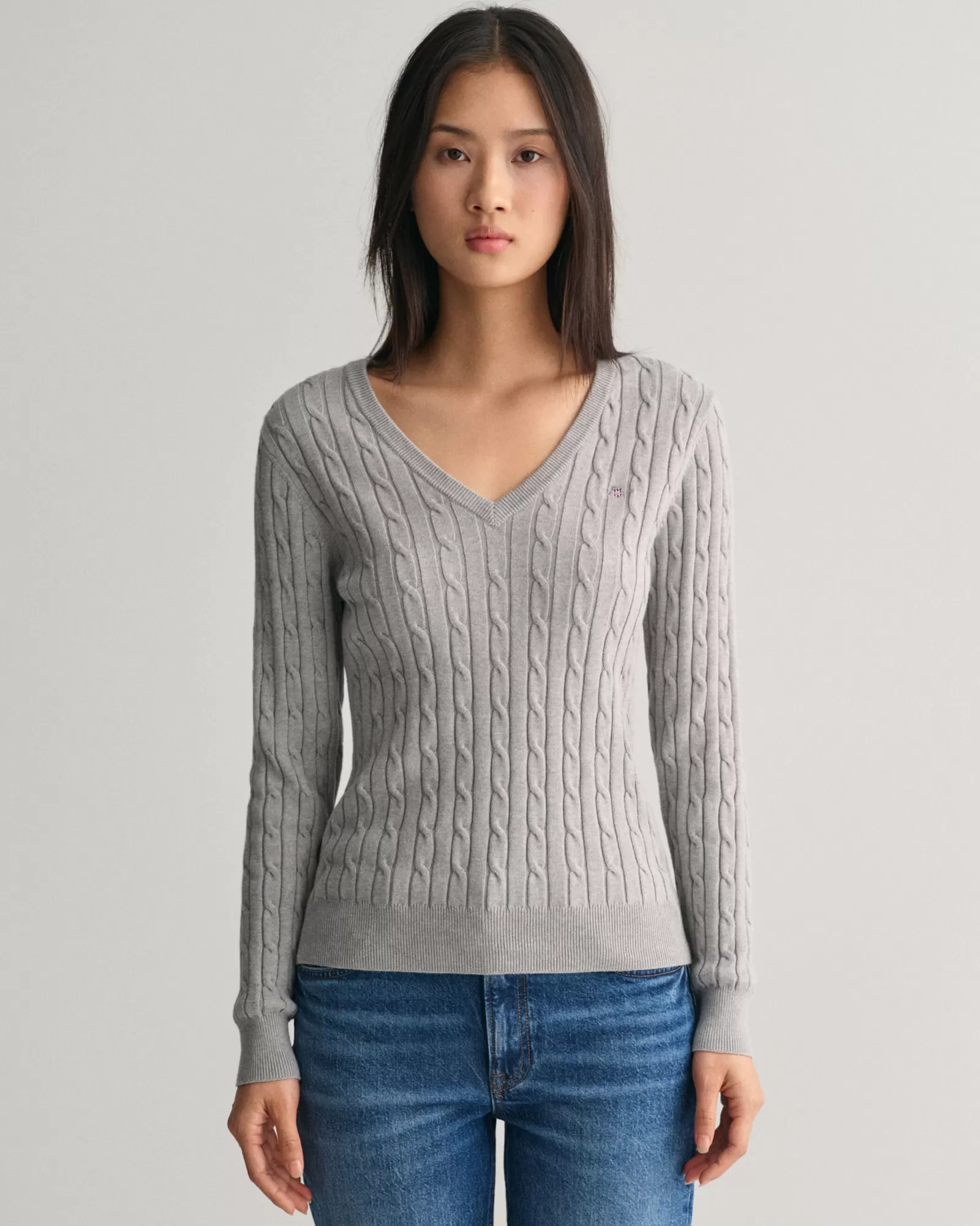 Women GANT Knitwear*Stretch Cotton Cable Knit V-Neck Sweater MID GREY