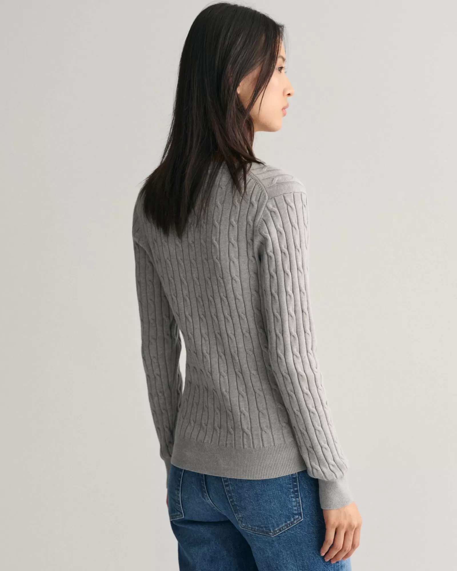 Women GANT Knitwear*Stretch Cotton Cable Knit V-Neck Sweater MID GREY