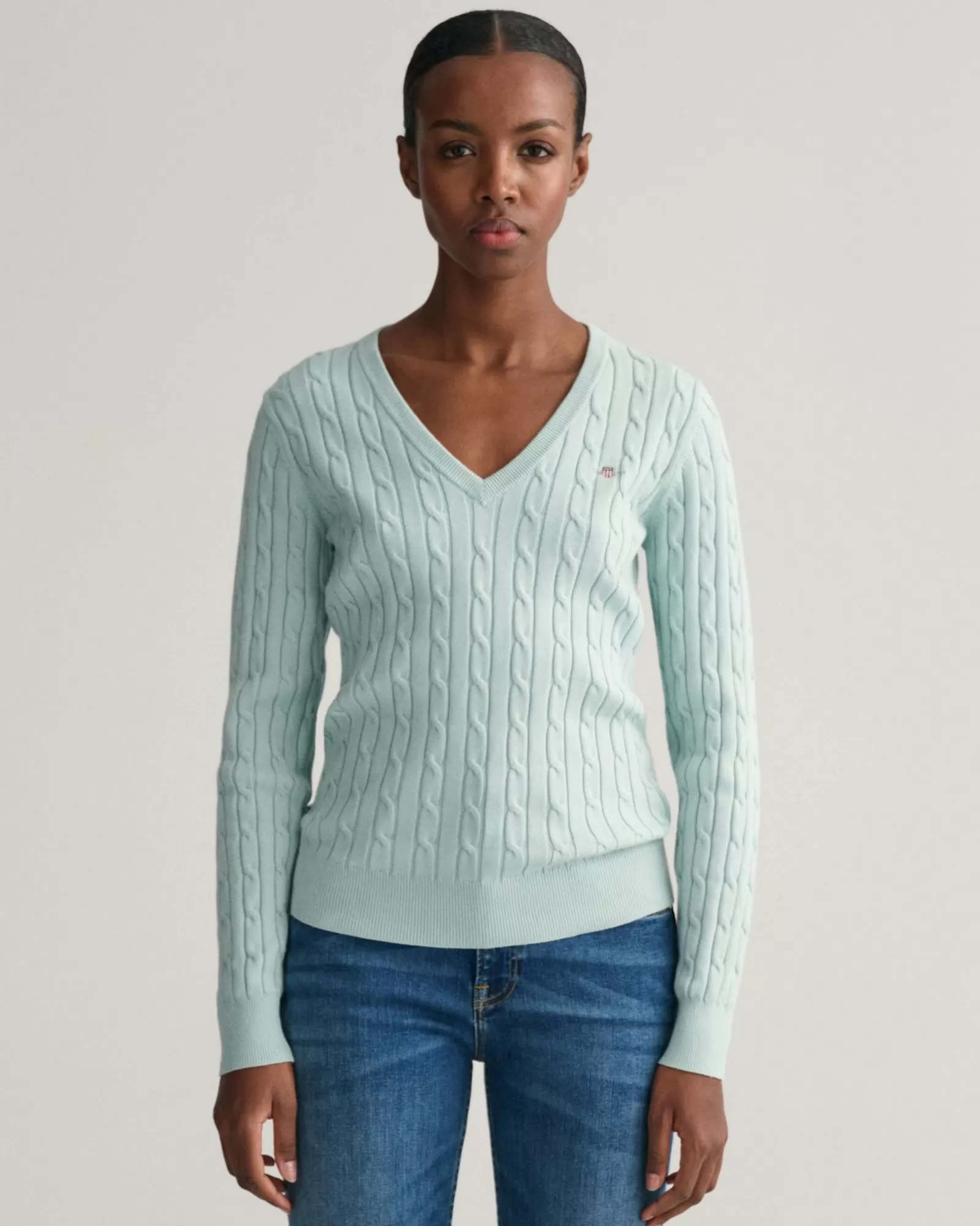 Women GANT Knitwear*Stretch Cotton Cable Knit V-Neck Sweater DUSTY TURQUOISE