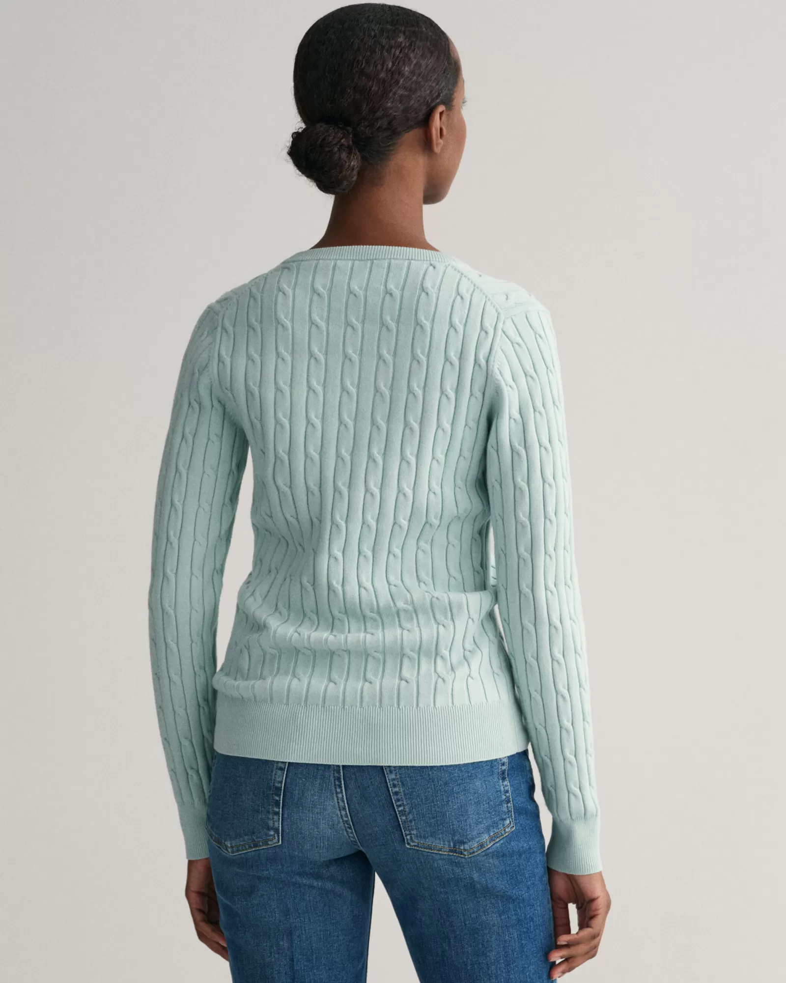 Women GANT Knitwear*Stretch Cotton Cable Knit V-Neck Sweater DUSTY TURQUOISE