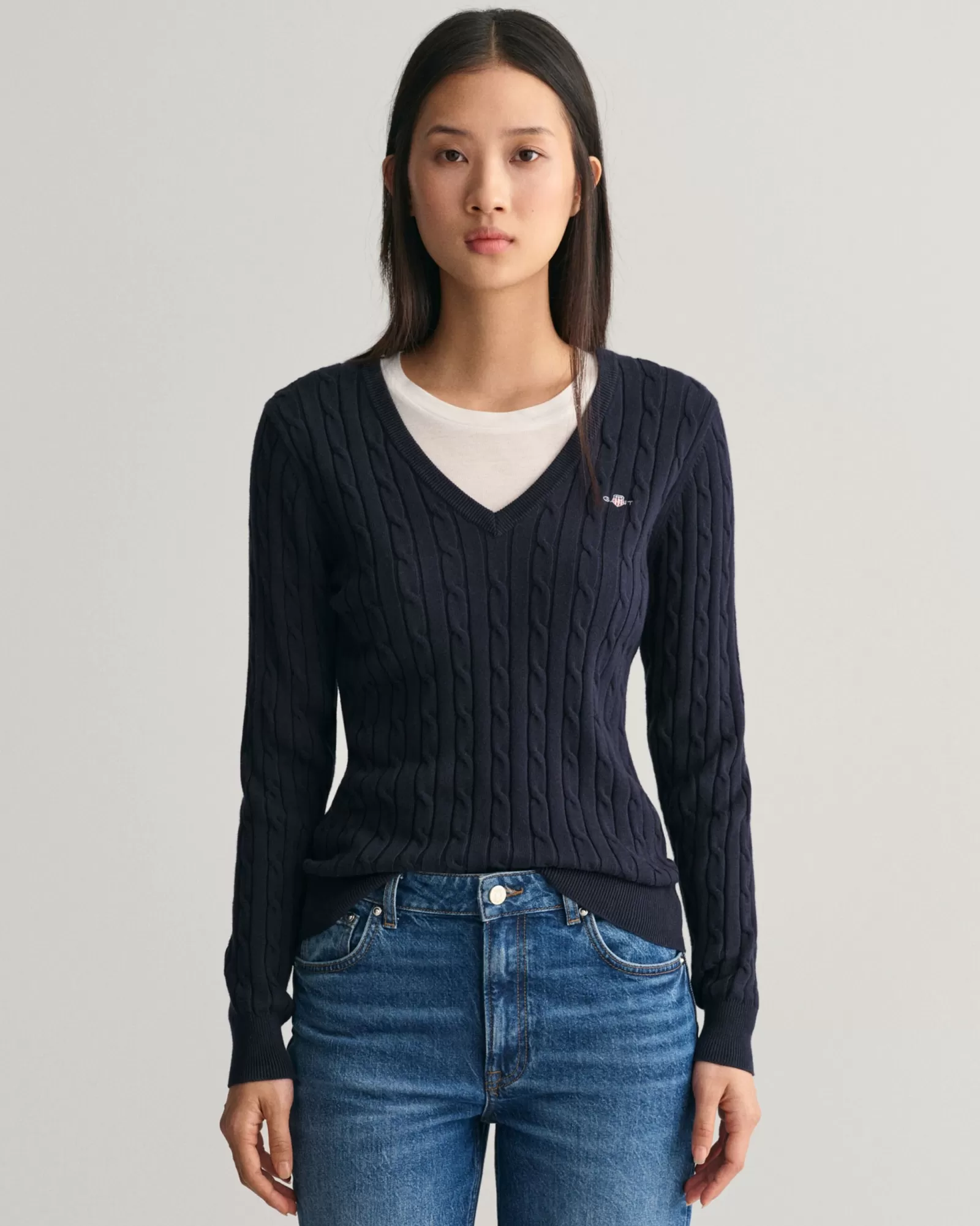 Women GANT Knitwear*Stretch Cotton Cable Knit V-Neck Sweater EVENING BLUE