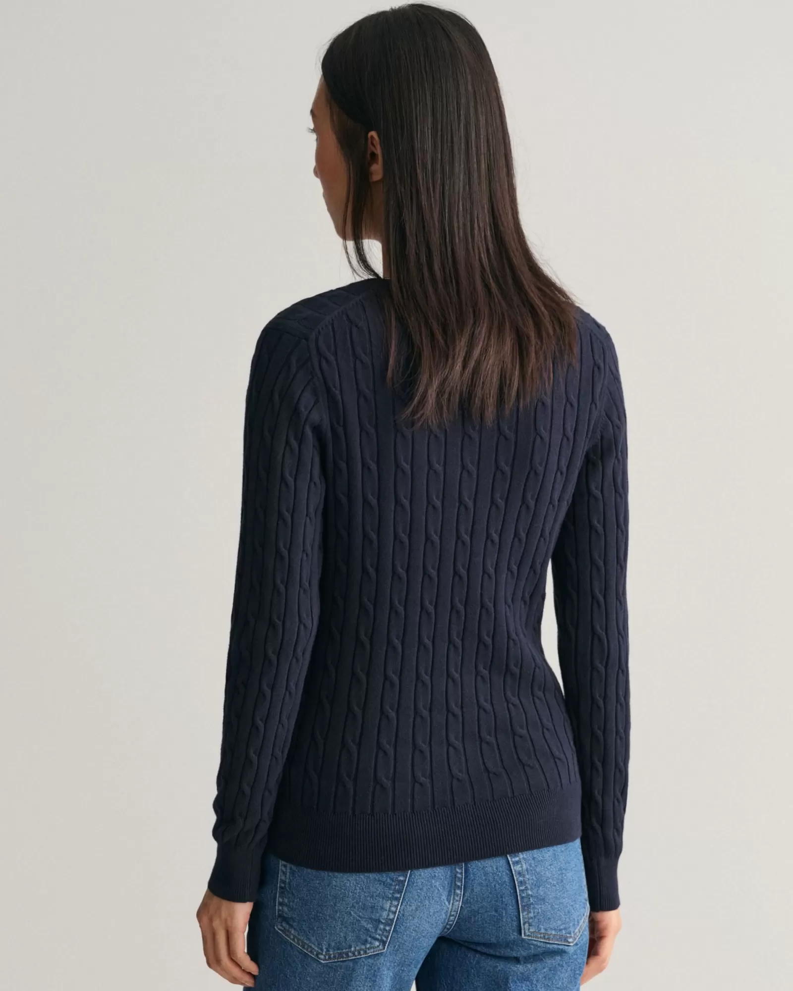 Women GANT Knitwear*Stretch Cotton Cable Knit V-Neck Sweater EVENING BLUE