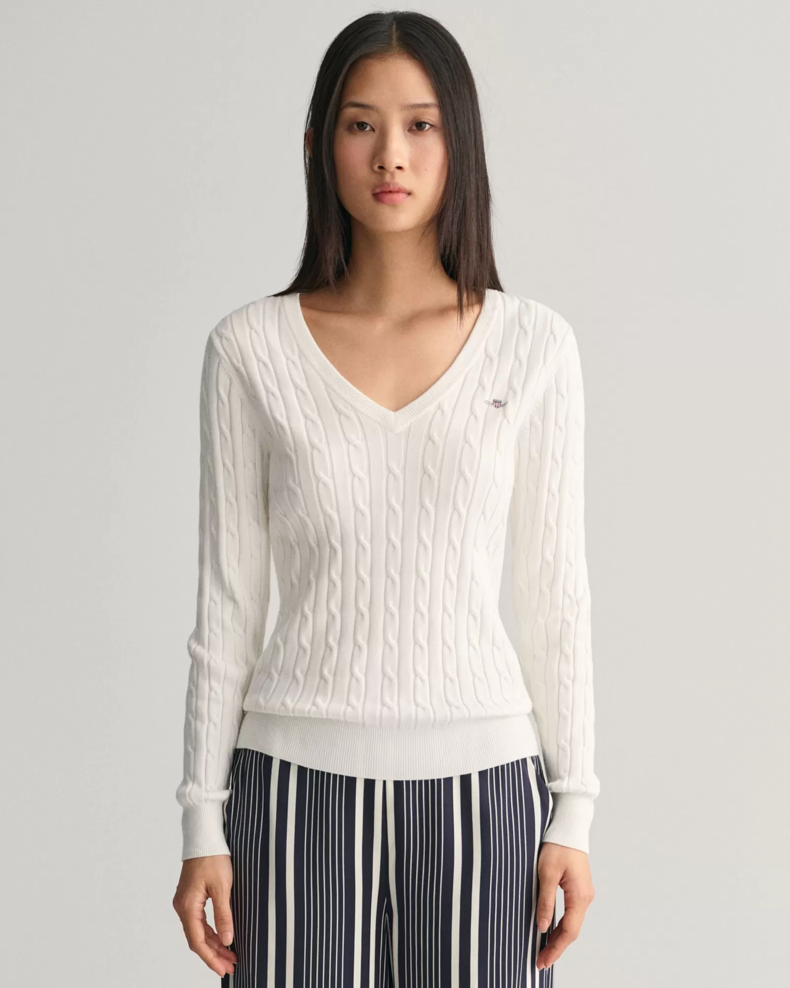 Women GANT Knitwear*Stretch Cotton Cable Knit V-Neck Sweater EGGSHELL