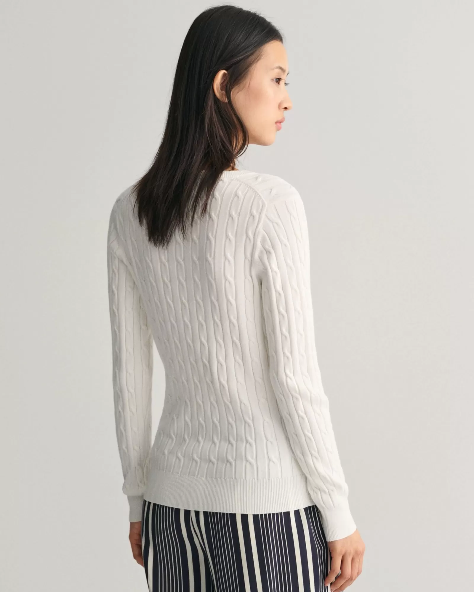 Women GANT Knitwear*Stretch Cotton Cable Knit V-Neck Sweater EGGSHELL