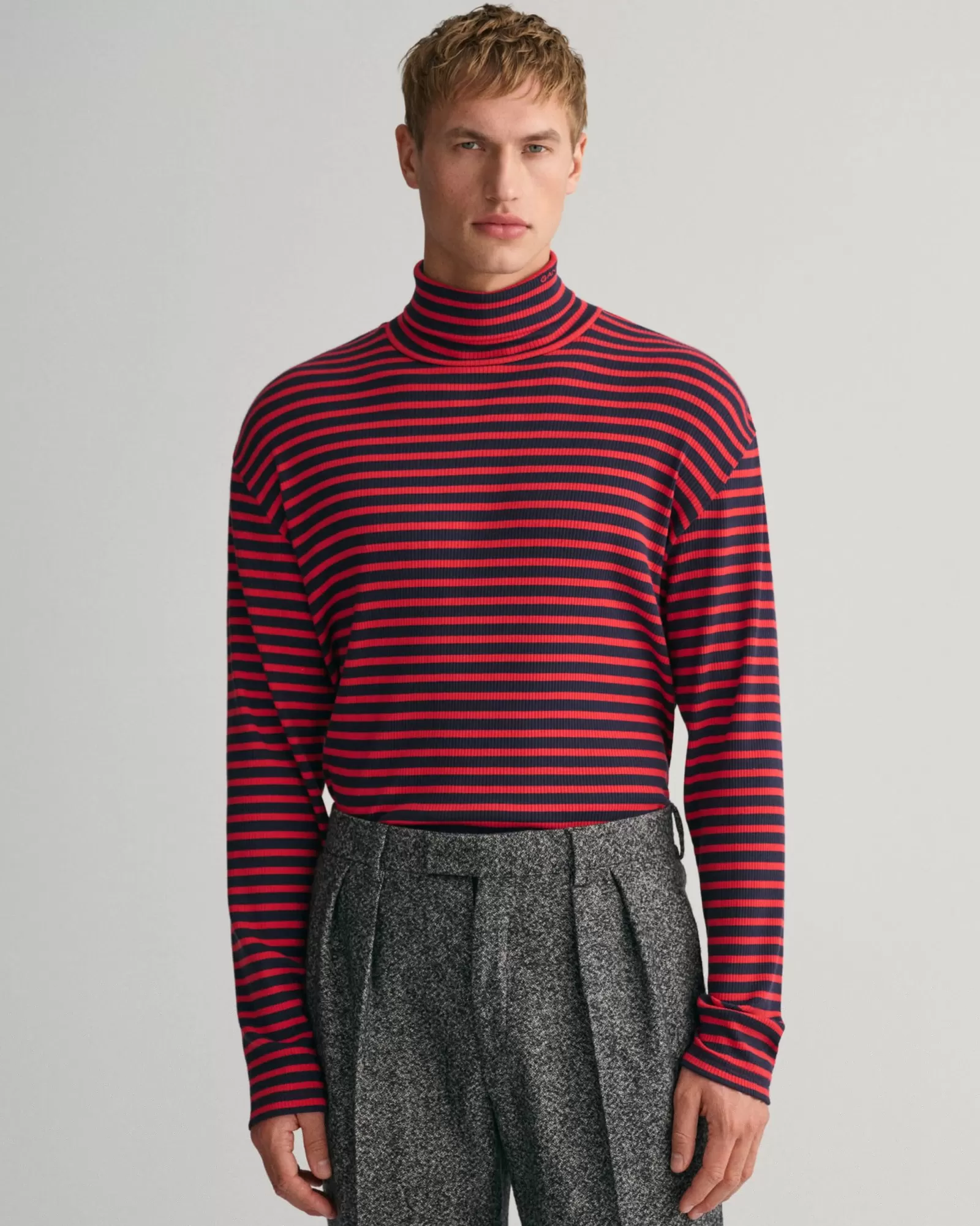 Men GANT T-Shirts*Striped Long Sleeve Turtleneck Top RICH RED