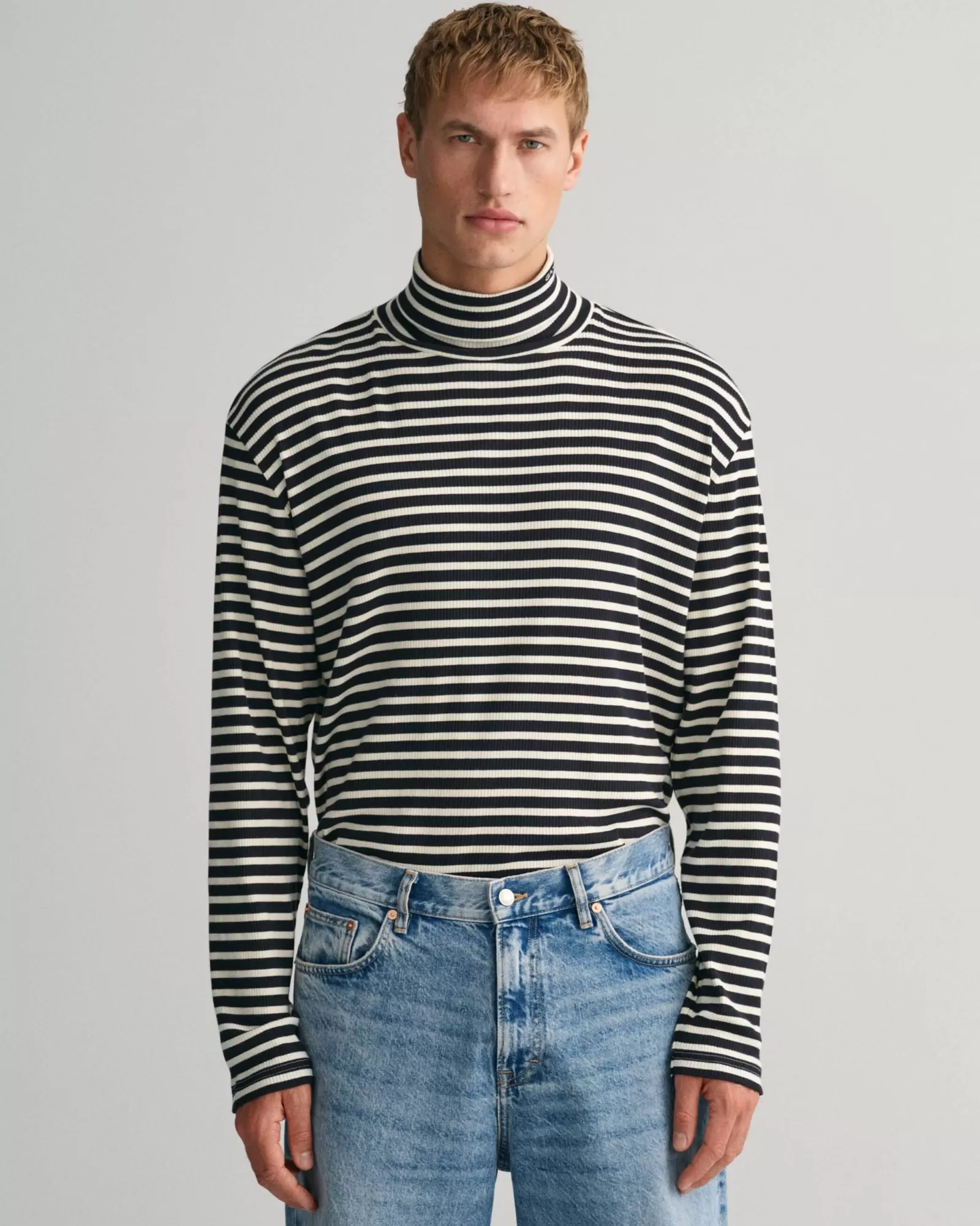 Men GANT T-Shirts*Striped Long Sleeve Turtleneck Top BLACK