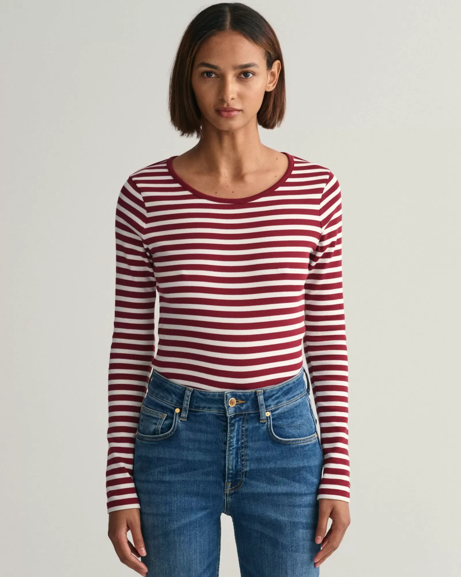 Women GANT T-Shirts & Tops*Striped Rib Long Sleeve T-Shirt PLUMPED RED