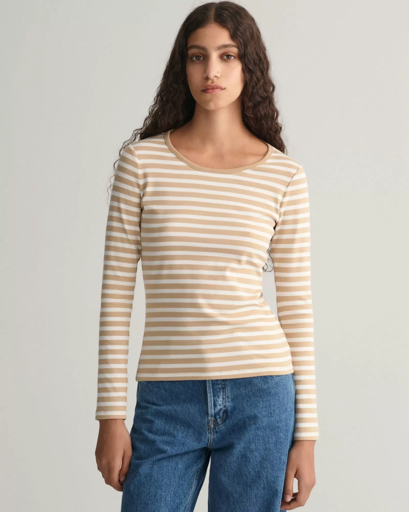 Women GANT T-Shirts & Tops*Striped Rib Long Sleeve T-Shirt DARK KHAKI