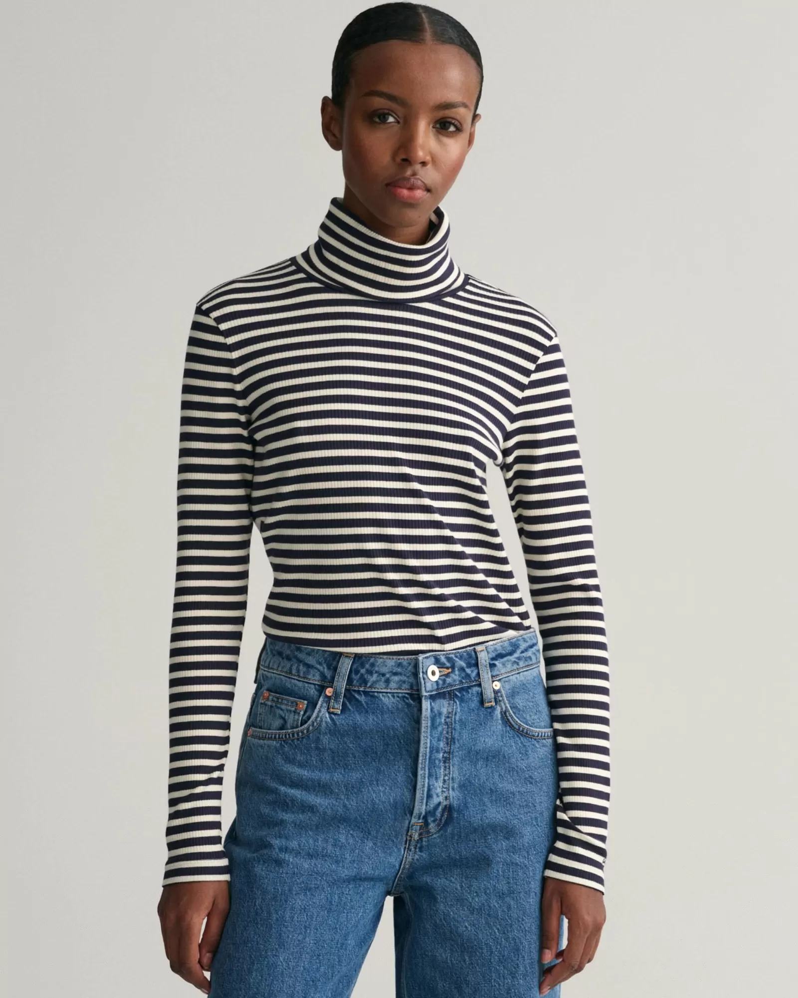 Women GANT T-Shirts & Tops*Striped Rib Long Sleeve Turtleneck Top EVENING BLUE