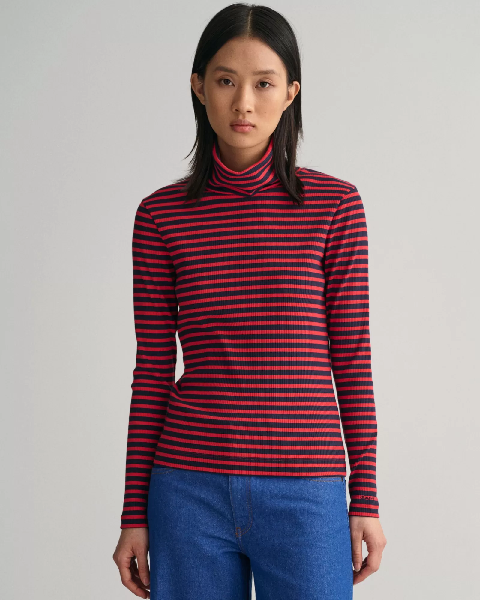 Women GANT T-Shirts & Tops*Striped Rib Long Sleeve Turtleneck Top RICH RED