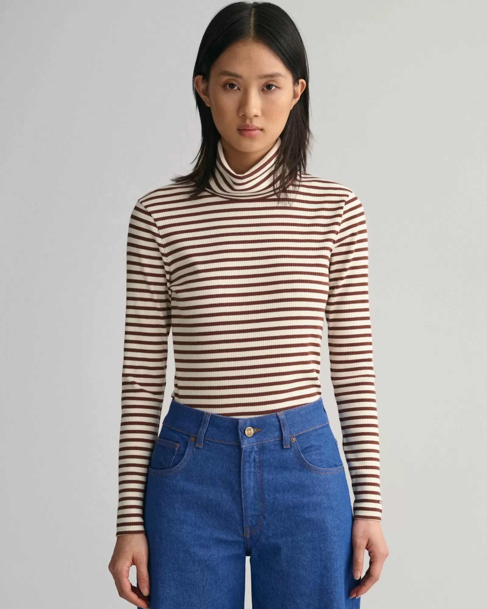 Women GANT T-Shirts & Tops*Striped Rib Long Sleeve Turtleneck Top WEATHERED BROWN