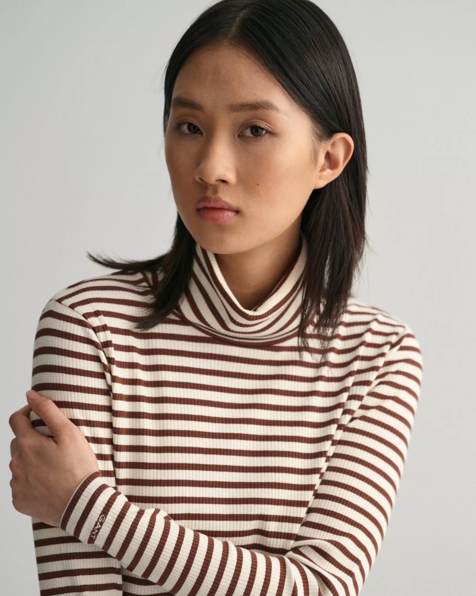 Women GANT T-Shirts & Tops*Striped Rib Long Sleeve Turtleneck Top WEATHERED BROWN