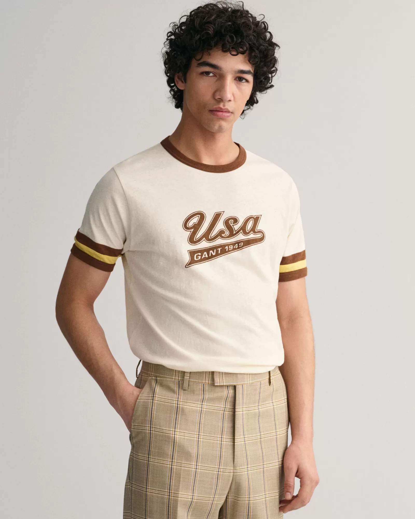 Men GANT T-Shirts*Striped Sleeve USA T-Shirt CREAM