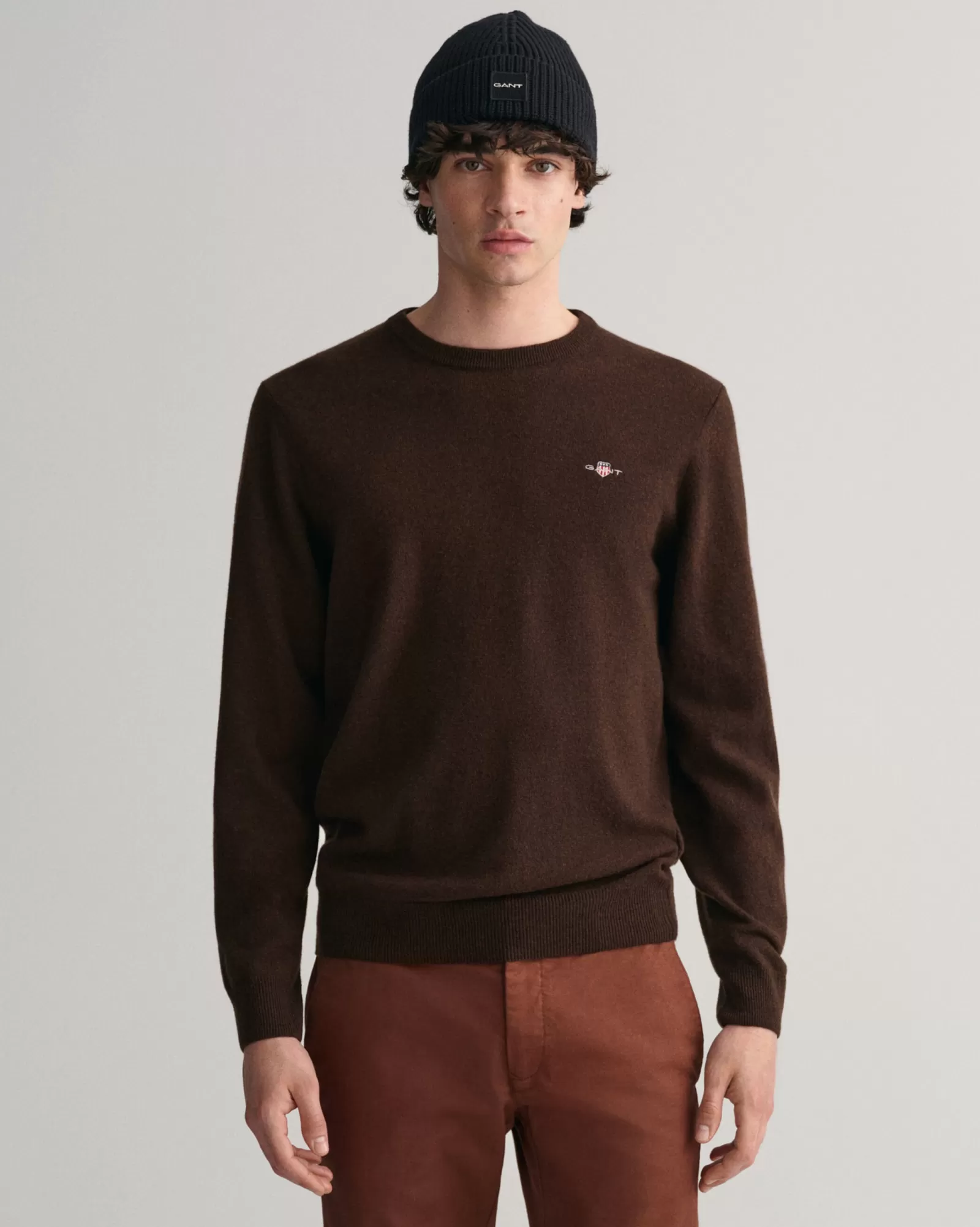 Men GANT Knitwear*Superfine Lambswool Crew Neck Sweater DARK BROWN MELANGE