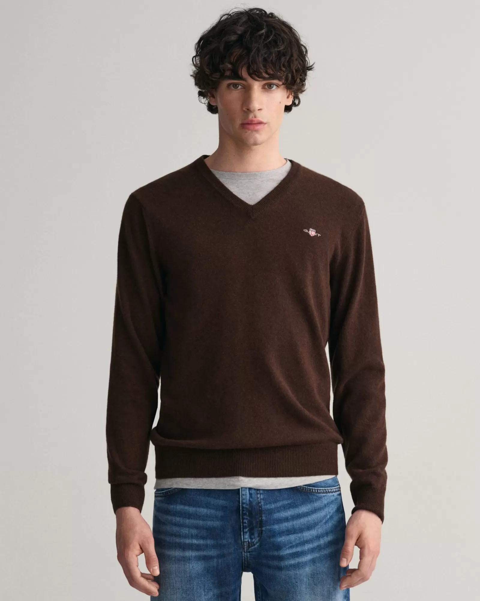 Men GANT Knitwear*Superfine Lambswool V-Neck Sweater DARK BROWN MELANGE