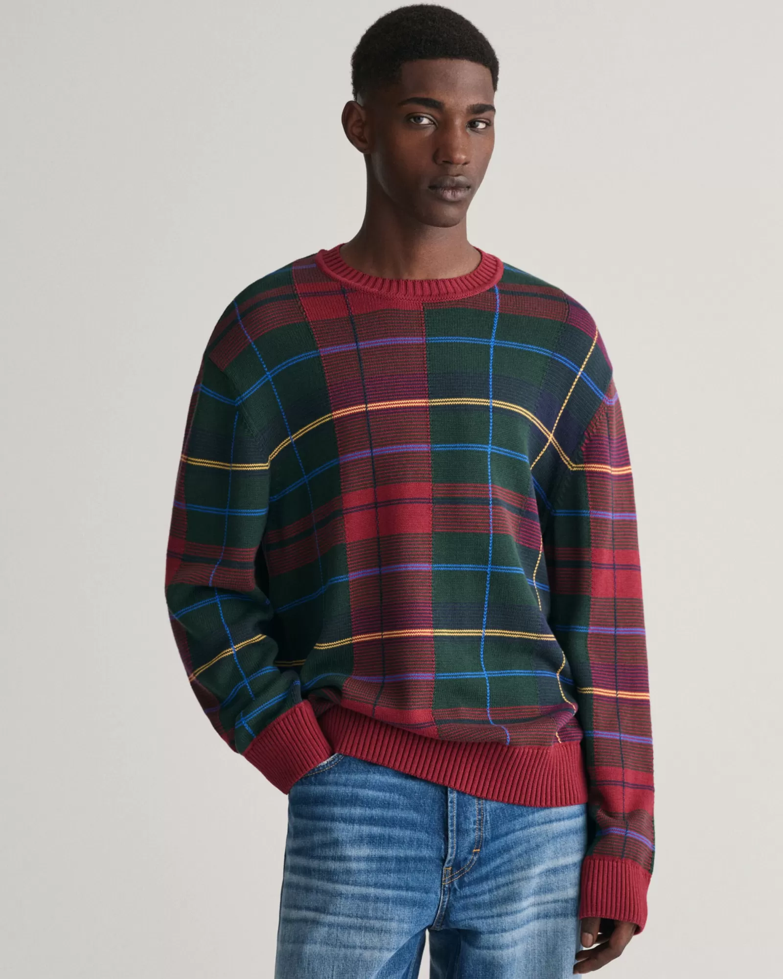 Men GANT Knitwear*Tartan Jacquard Crew Neck Sweater PLUMPED RED