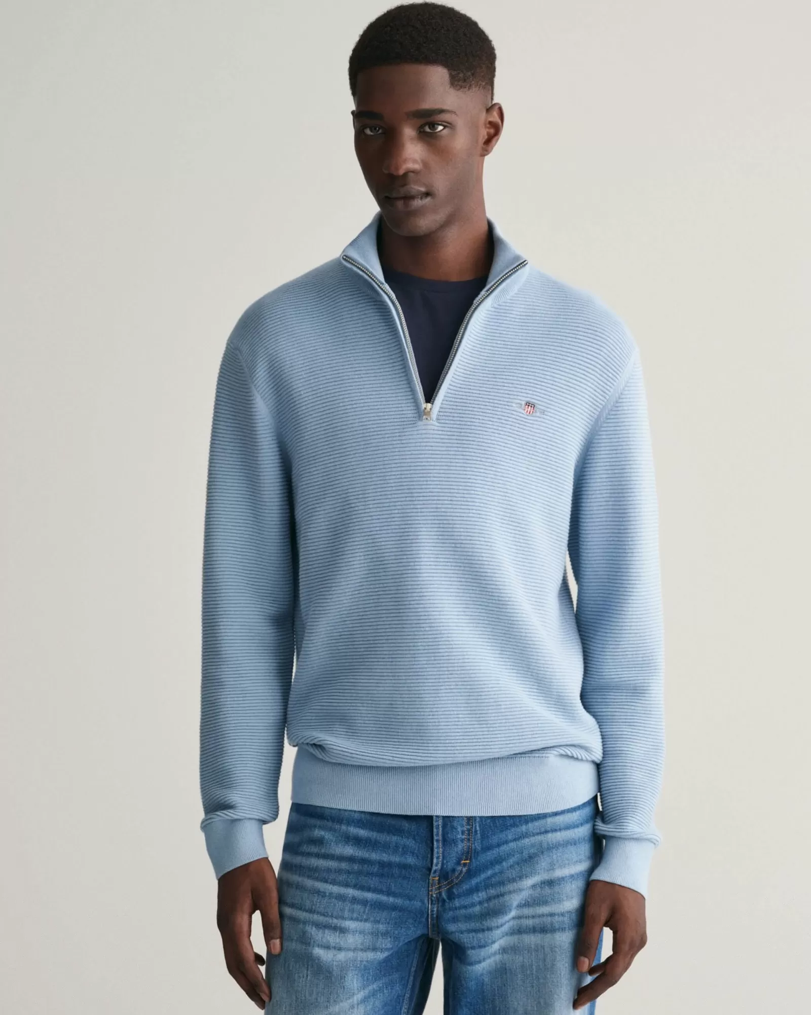 Men GANT Knitwear*Textured Cotton Half-Zip Sweater STORMY SEA