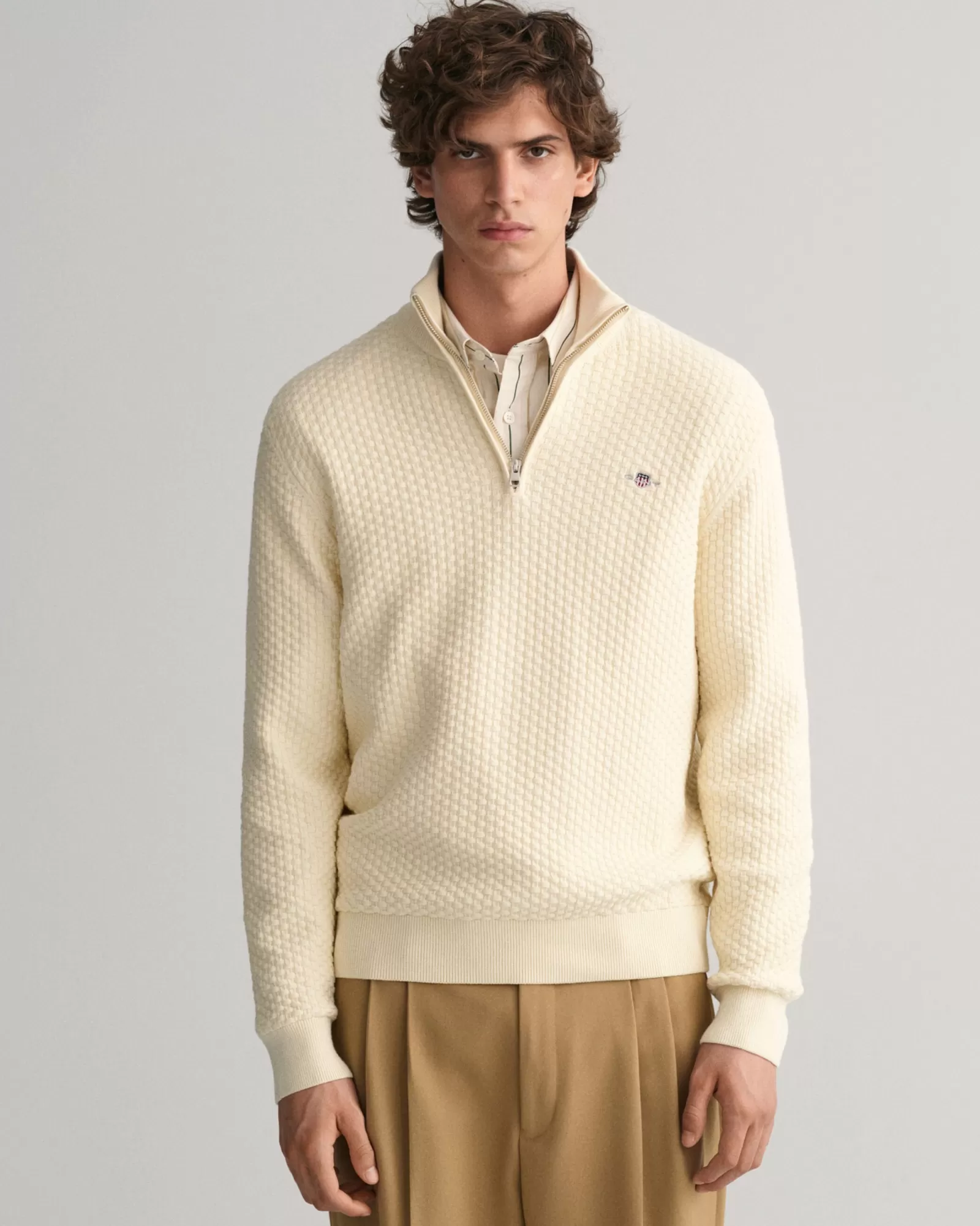 Men GANT Knitwear*Textured Cotton Half-Zip Sweater CREAM