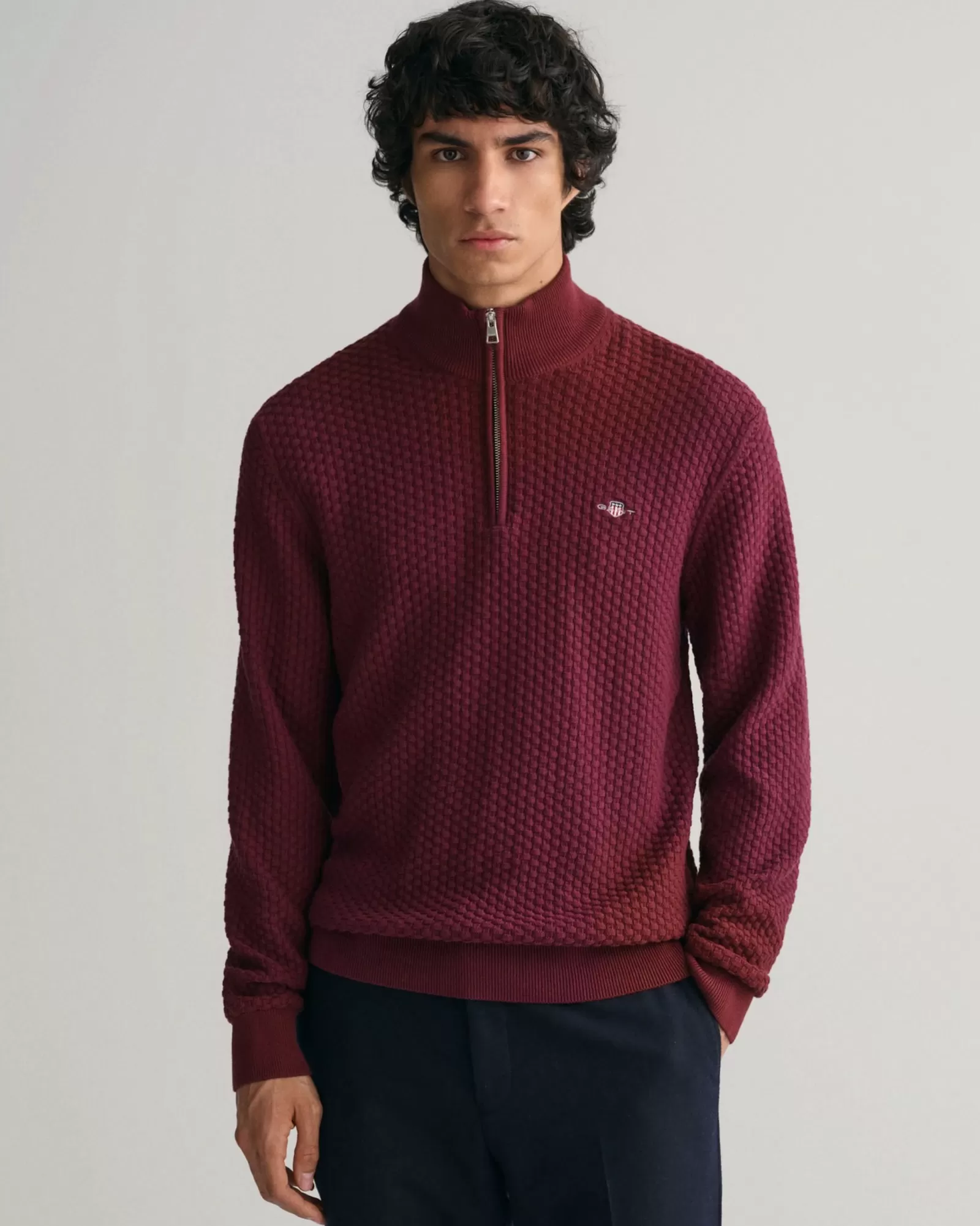 Men GANT Knitwear*Textured Cotton Half-Zip Sweater RED SHADOW