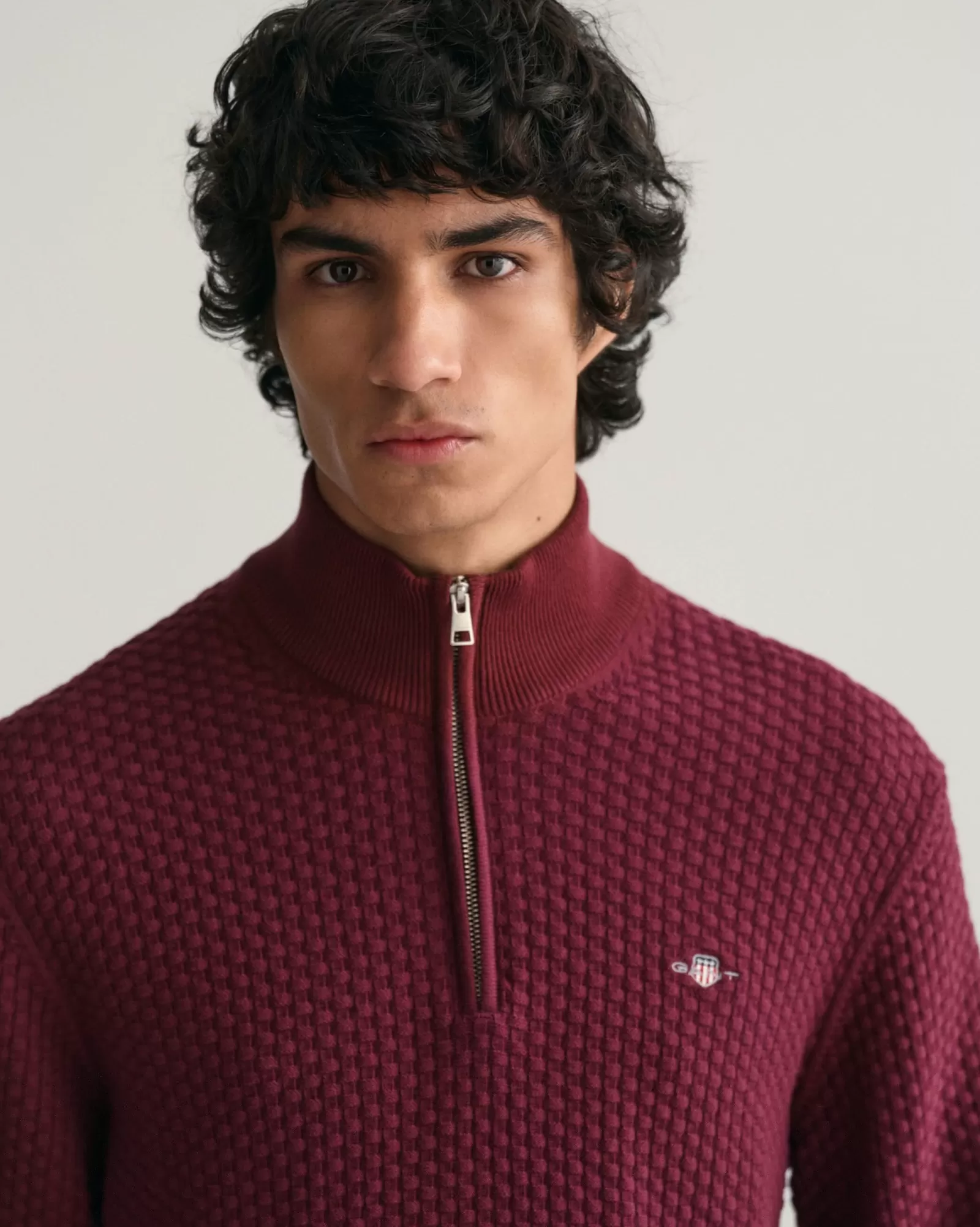 Men GANT Knitwear*Textured Cotton Half-Zip Sweater RED SHADOW