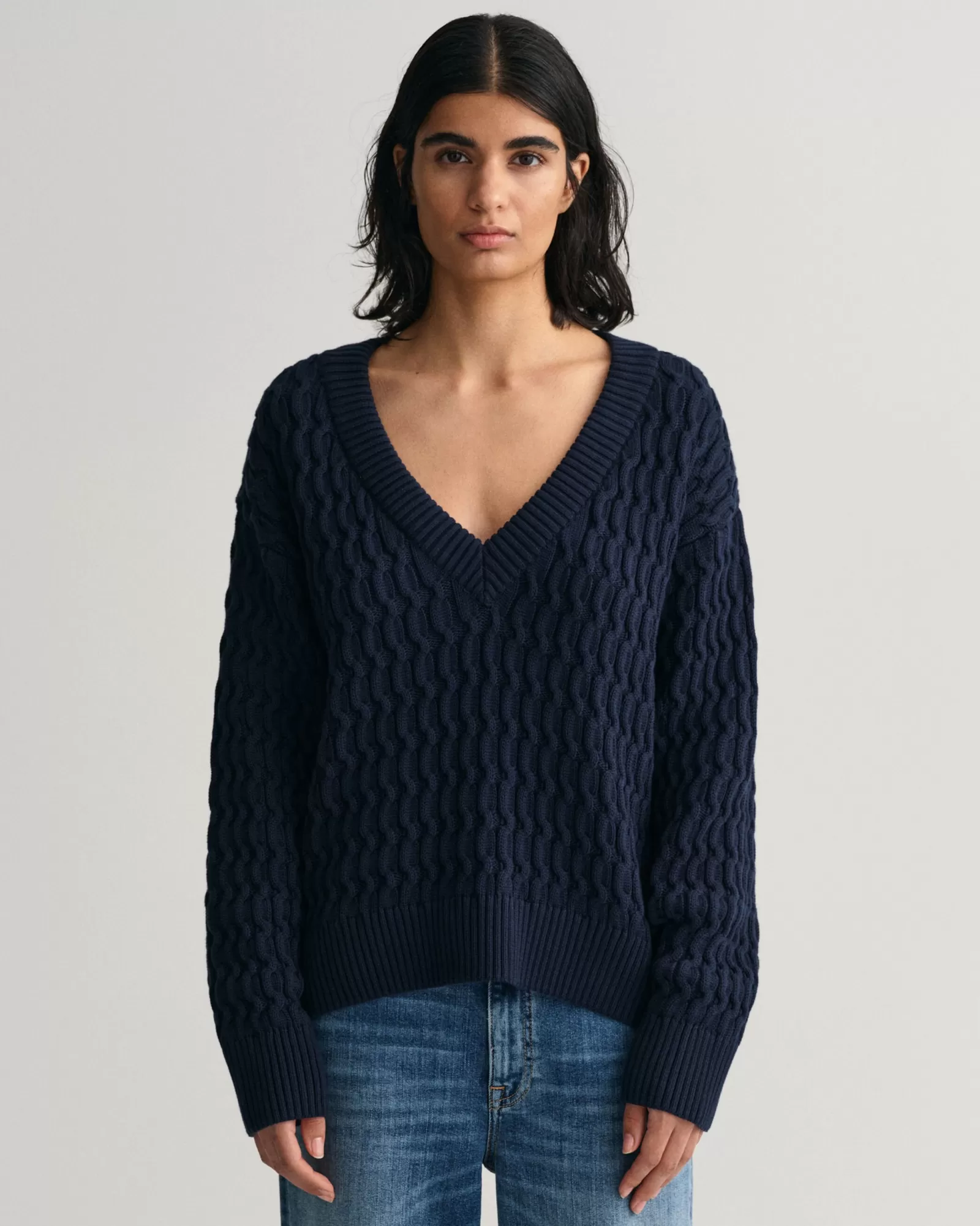 Women GANT Knitwear*Textured Cotton V-Neck Sweater EVENING BLUE