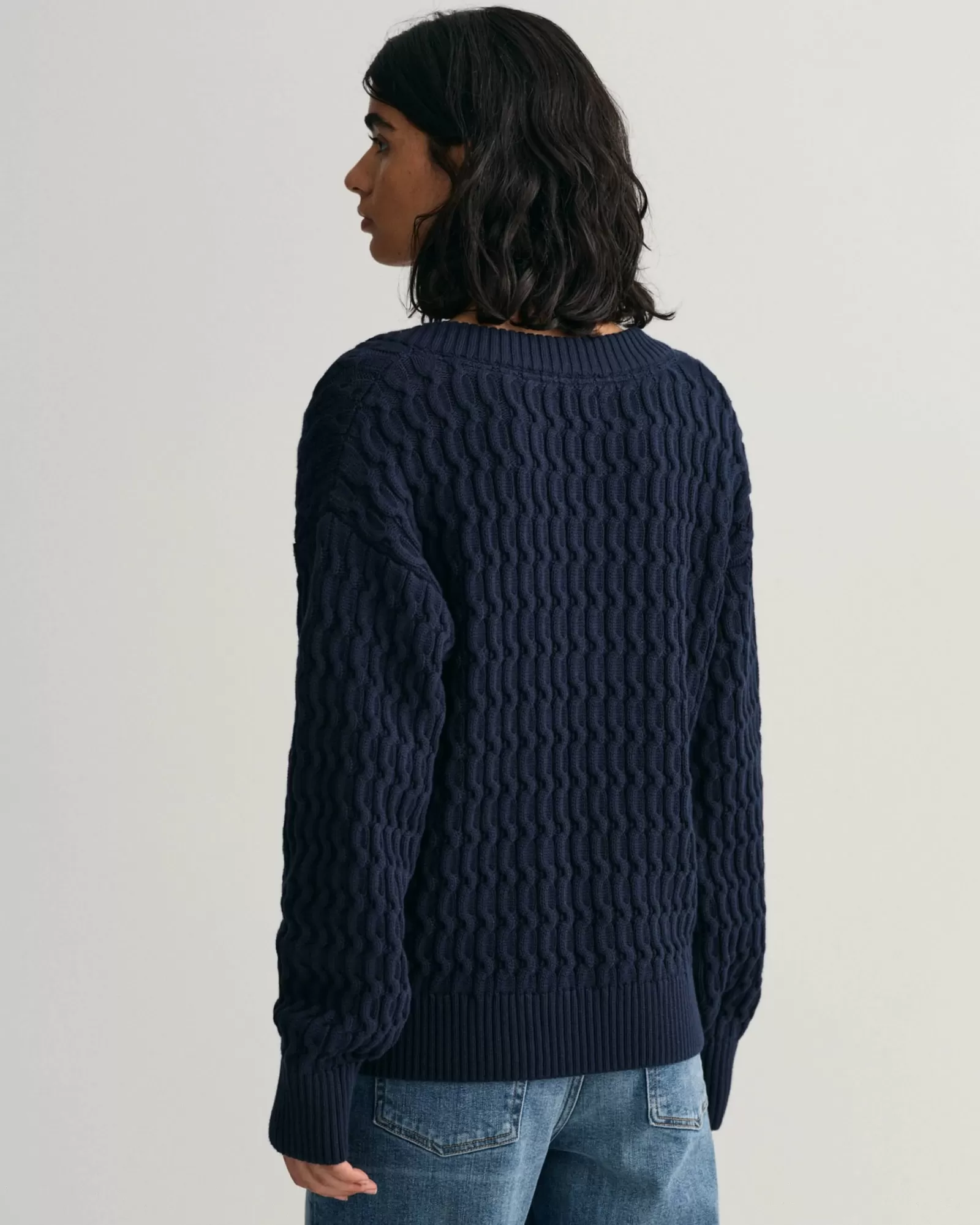 Women GANT Knitwear*Textured Cotton V-Neck Sweater EVENING BLUE