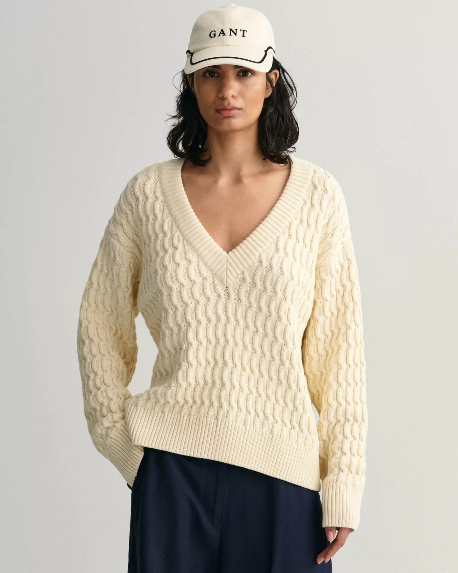 Women GANT Knitwear*Textured Cotton V-Neck Sweater CREAM