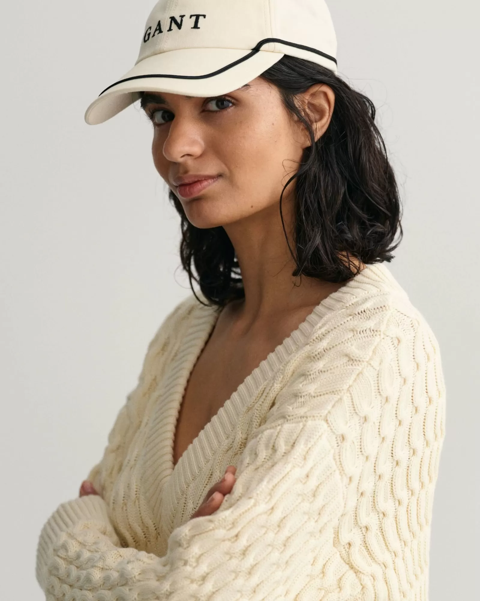 Women GANT Knitwear*Textured Cotton V-Neck Sweater CREAM