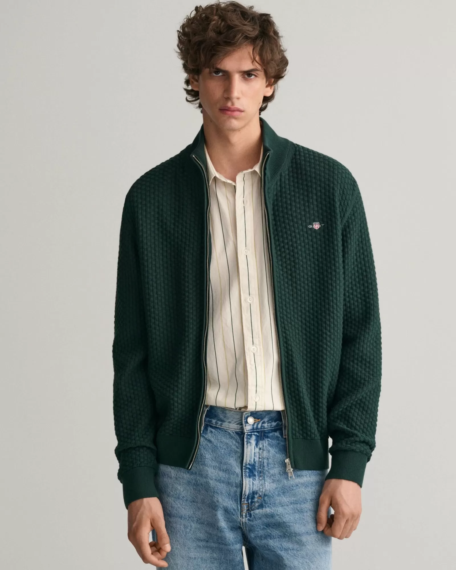 Men GANT Knitwear*Textured Cotton Zip Cardigan TARTAN GREEN