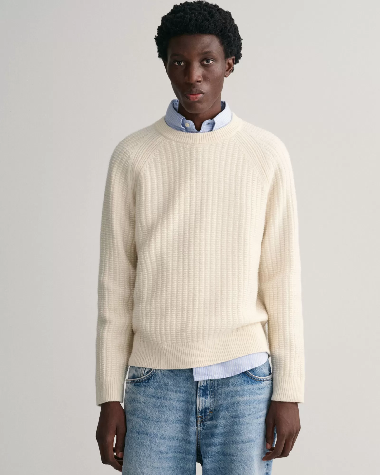 Men GANT Knitwear*Textured Crew Neck Sweater CREAM