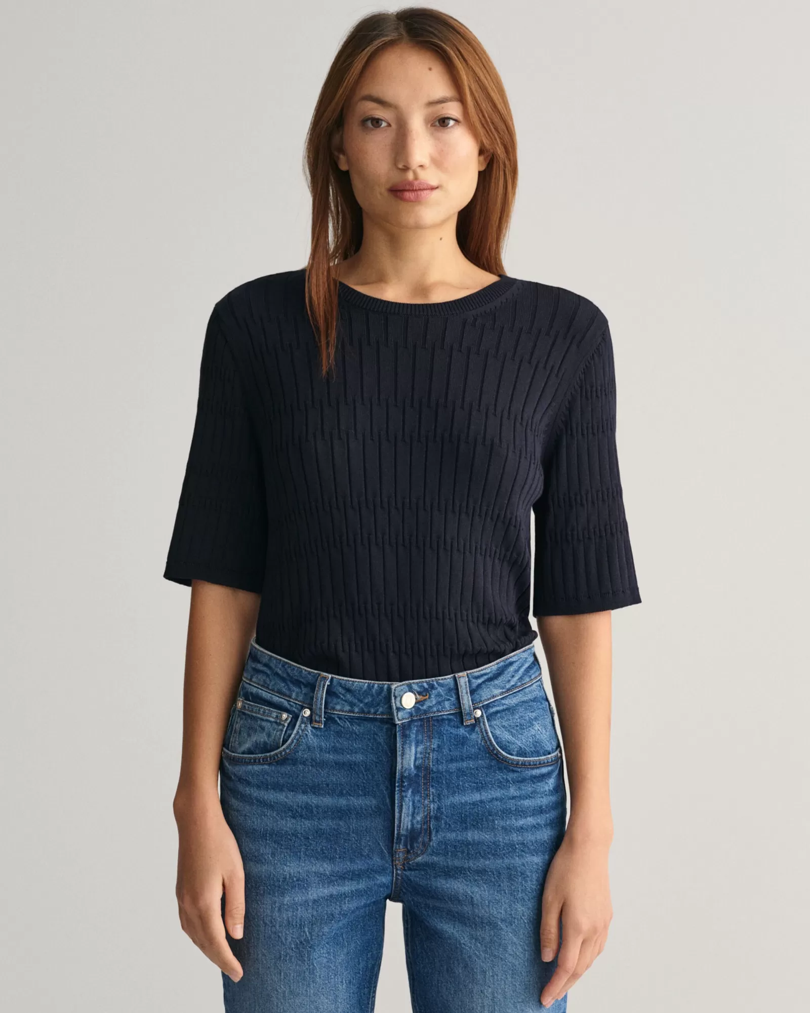 Women GANT Knitwear*Textured Short Sleeve Crew Neck Sweater EVENING BLUE