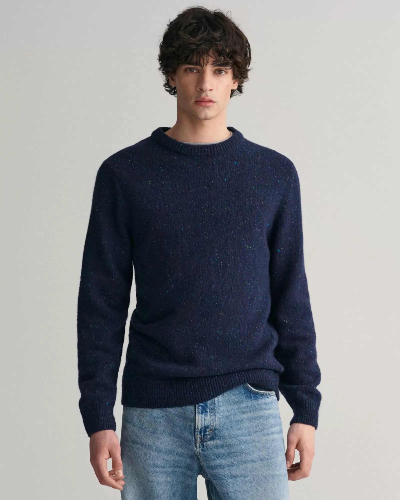 Men GANT Knitwear*Wool Nepps Crew Neck Sweater EVENING BLUE